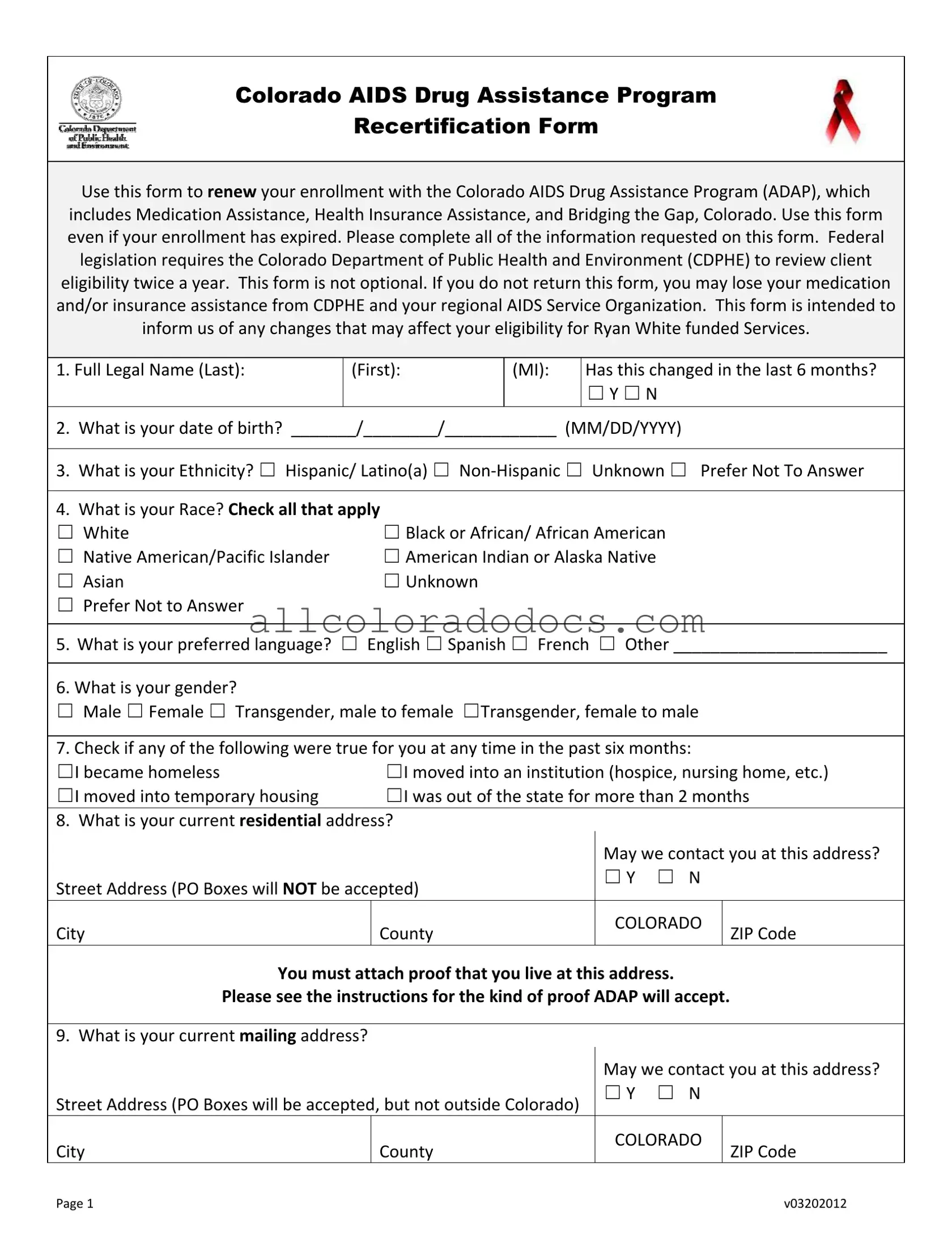 Blank Adap Colorado PDF Form