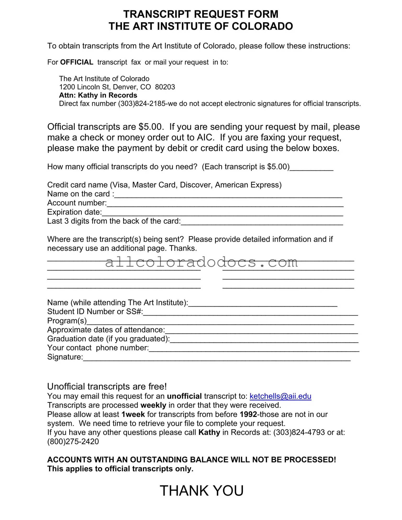 Blank Art Institute Colorado Transcript Request PDF Form