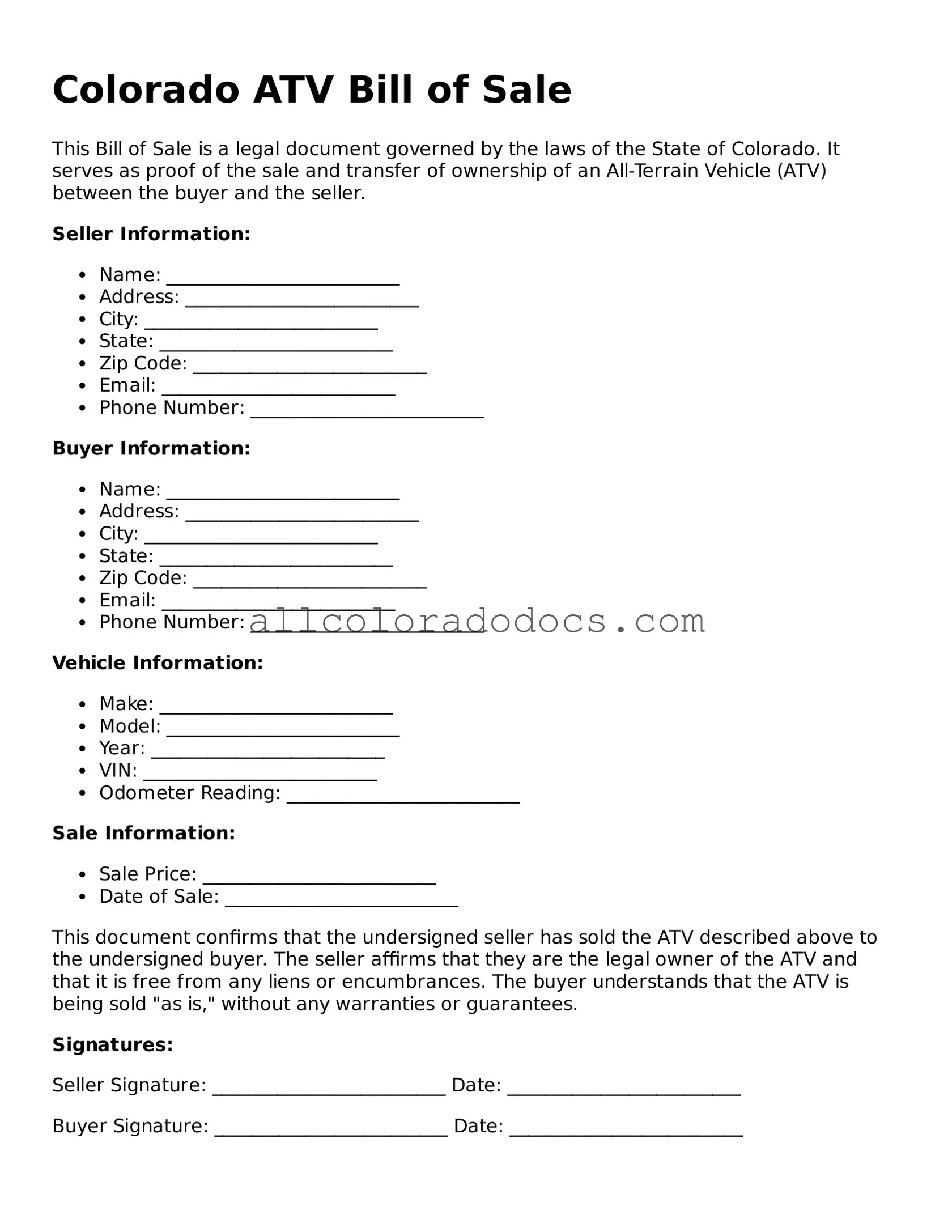 Legal  ATV Bill of Sale Form for Colorado