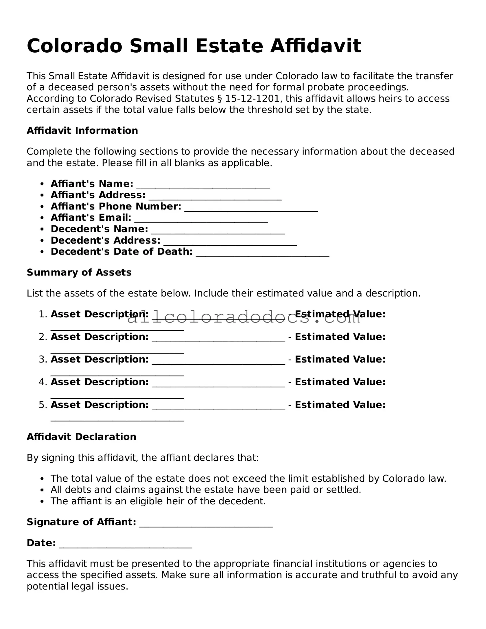 Legal  Small Estate Affidavit Form for Colorado