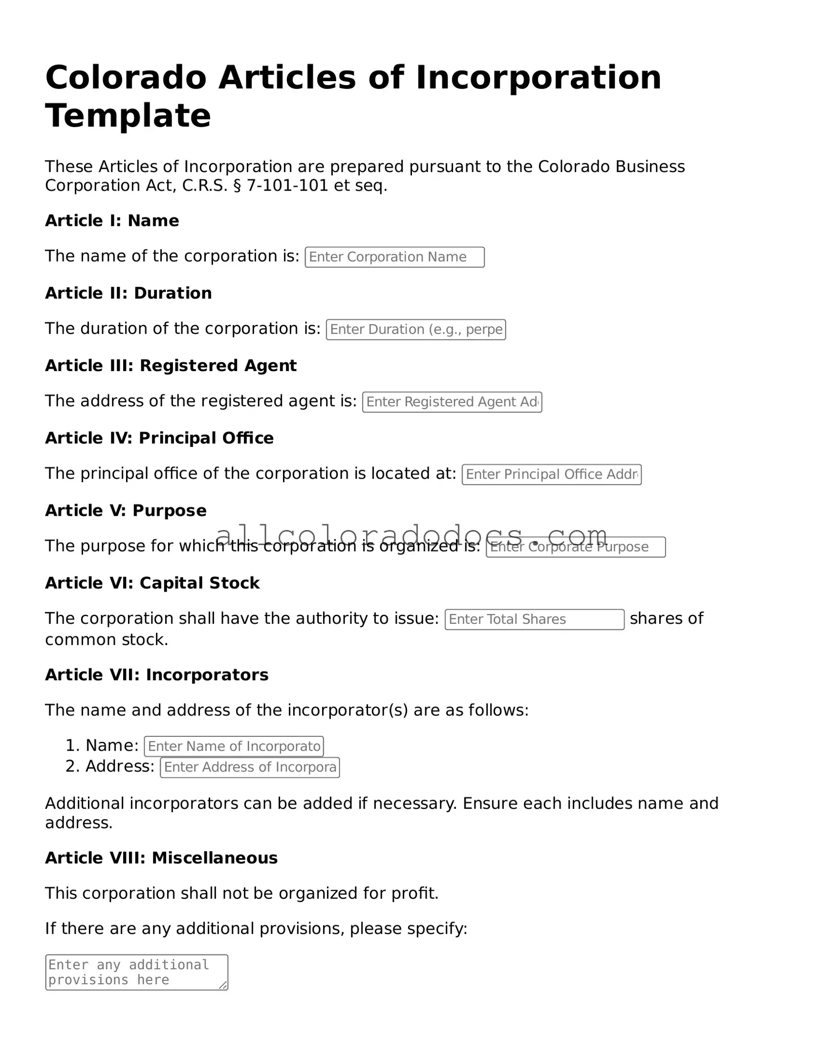 Legal  Articles of Incorporation Form for Colorado