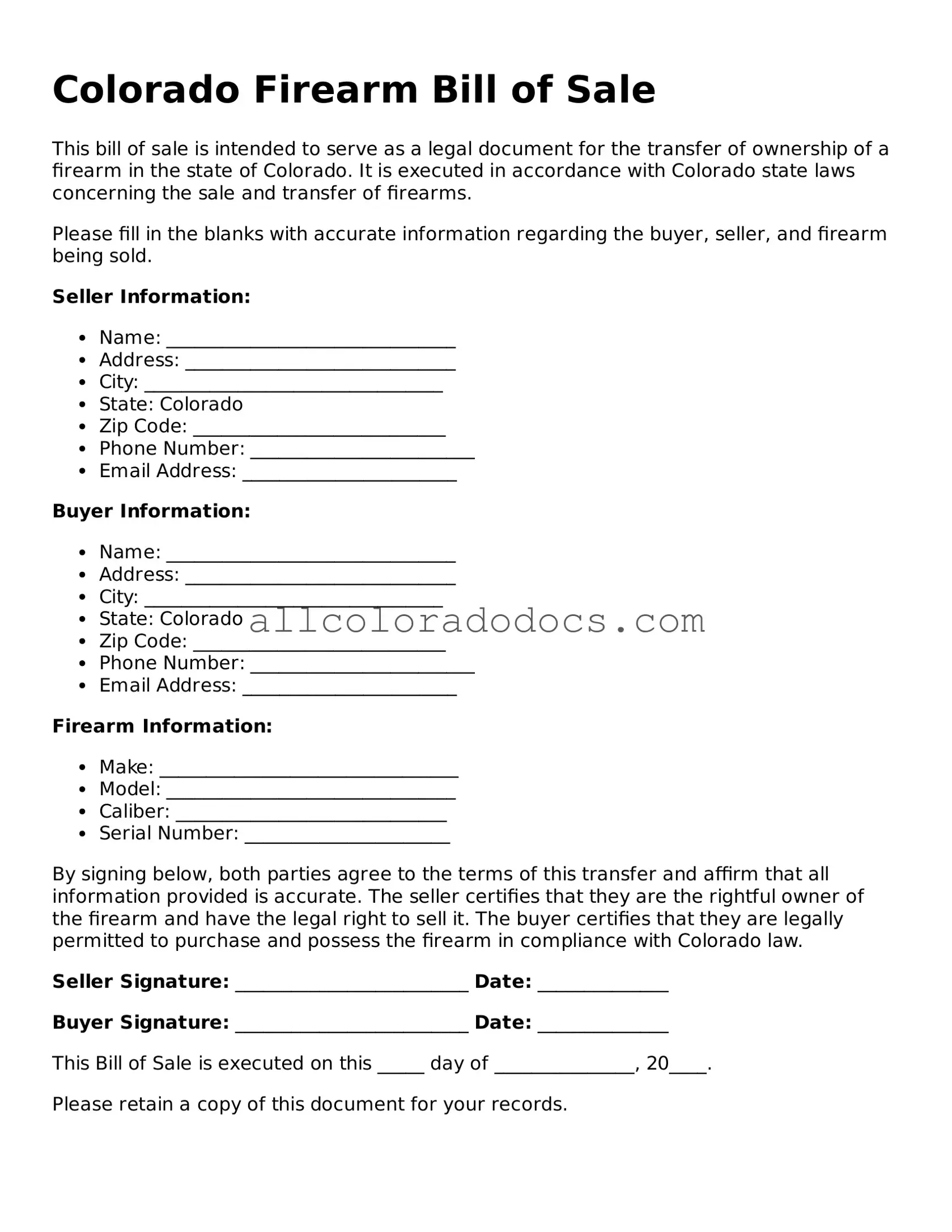 Legal  Firearm Bill of Sale Form for Colorado