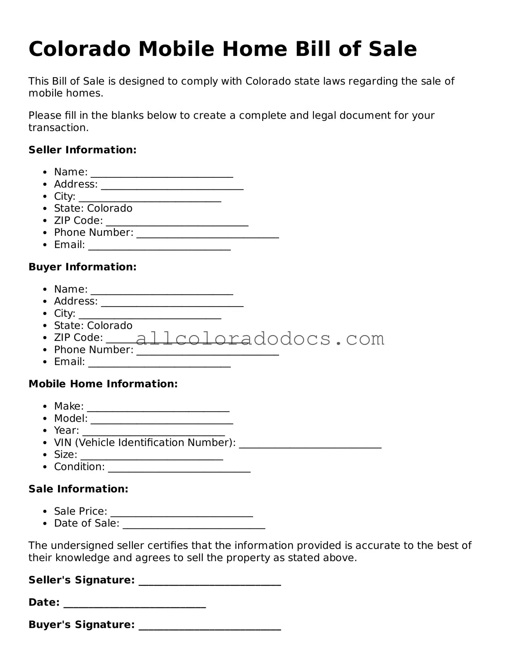 Legal  Mobile Home Bill of Sale Form for Colorado