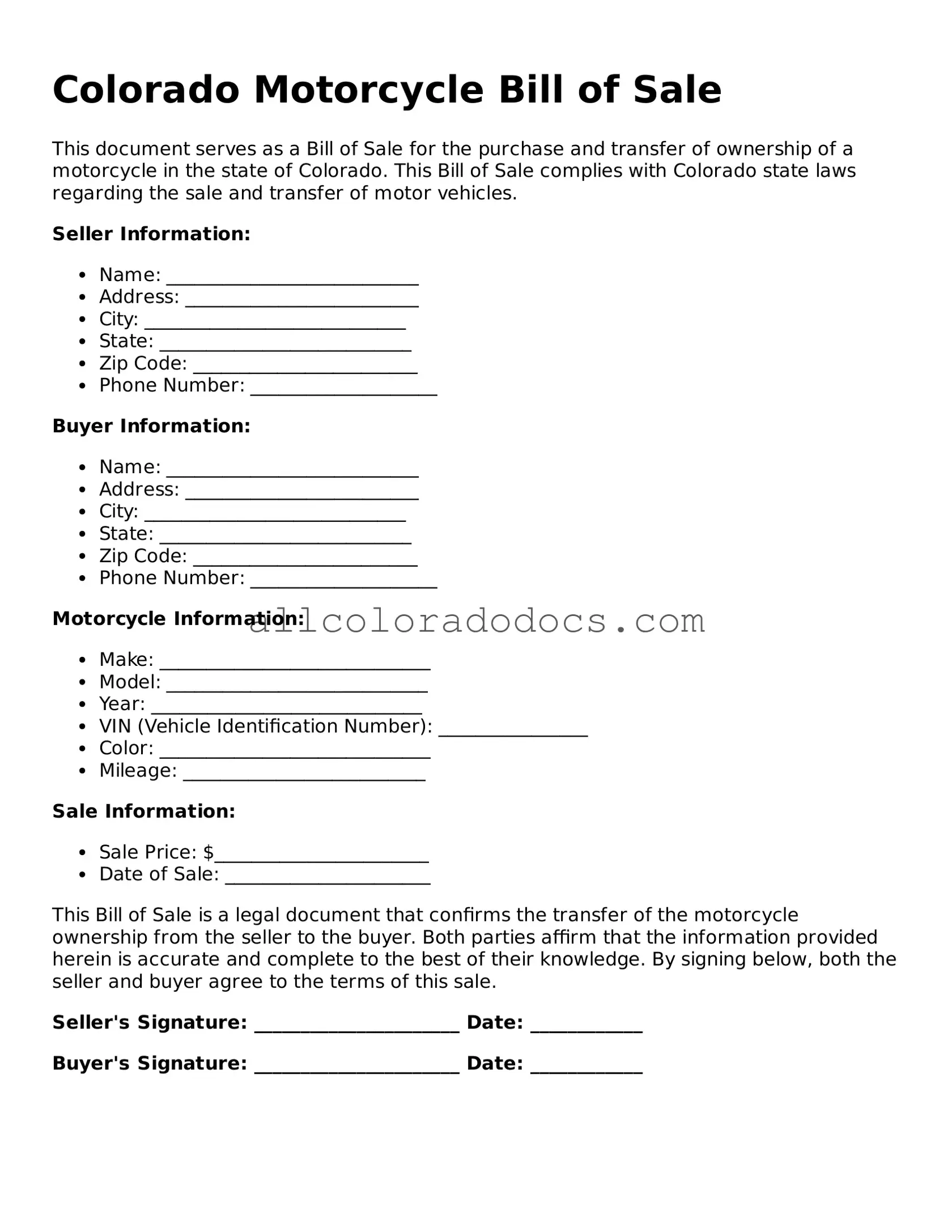 Legal  Motorcycle Bill of Sale Form for Colorado