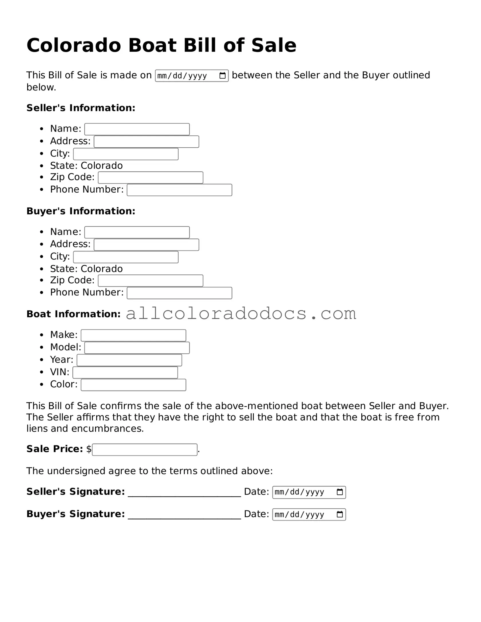 Legal  Boat Bill of Sale Form for Colorado
