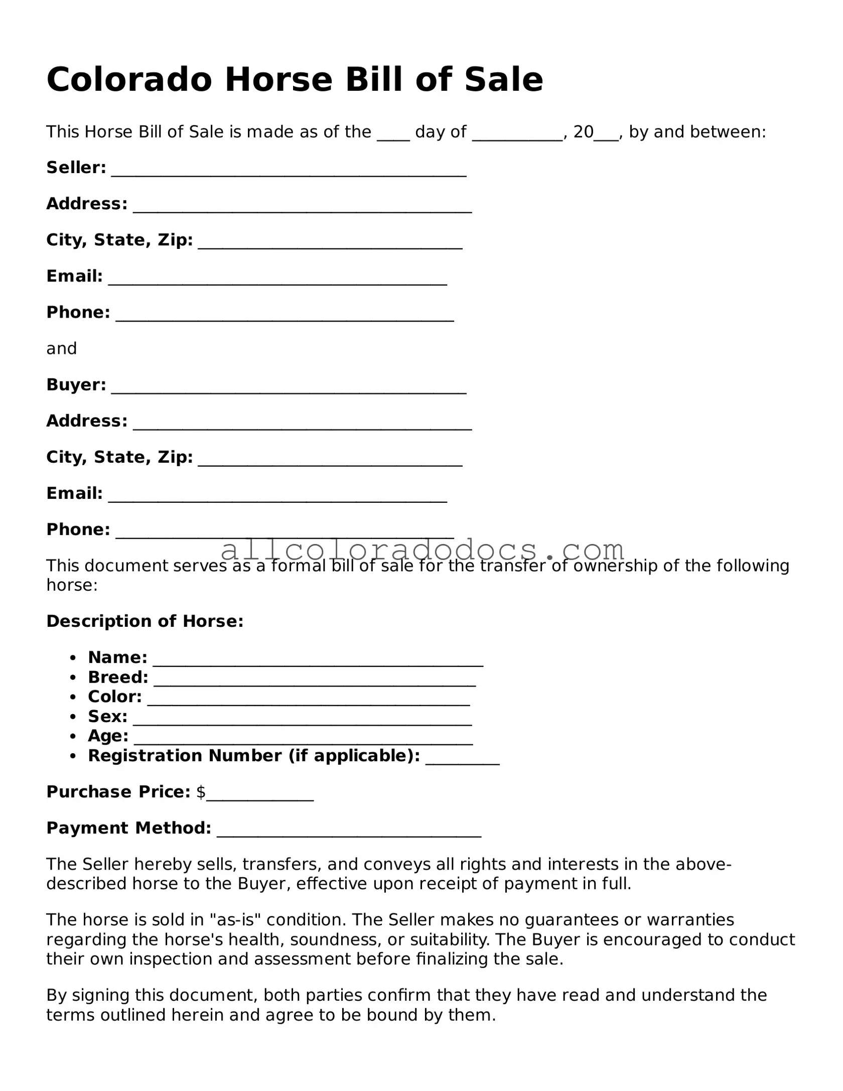 Legal  Horse Bill of Sale Form for Colorado