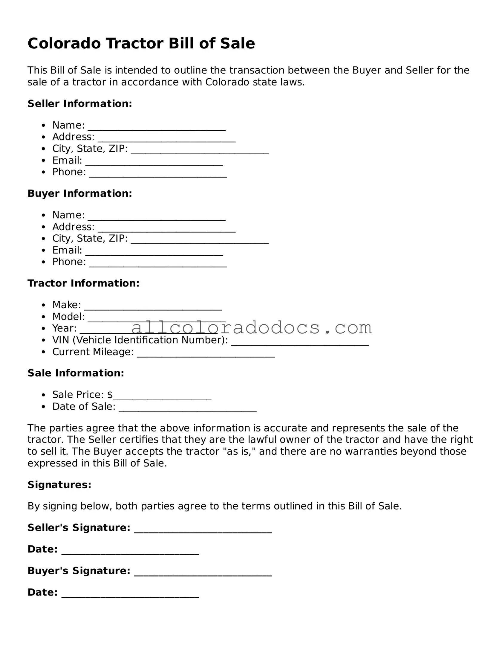 Legal  Tractor Bill of Sale Form for Colorado