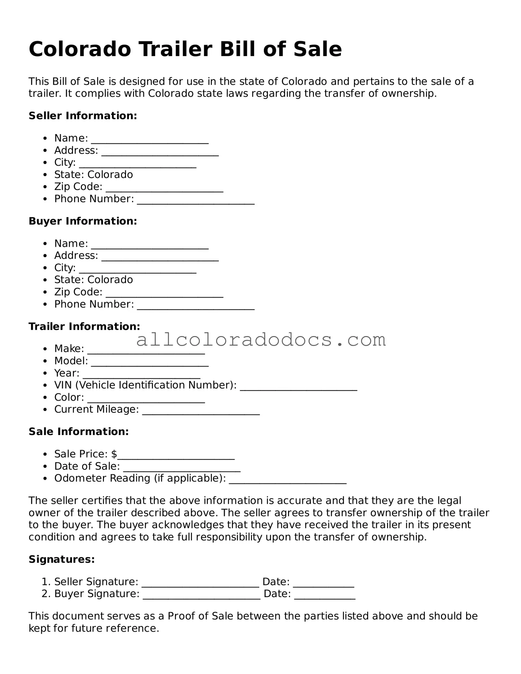 Legal  Trailer Bill of Sale Form for Colorado