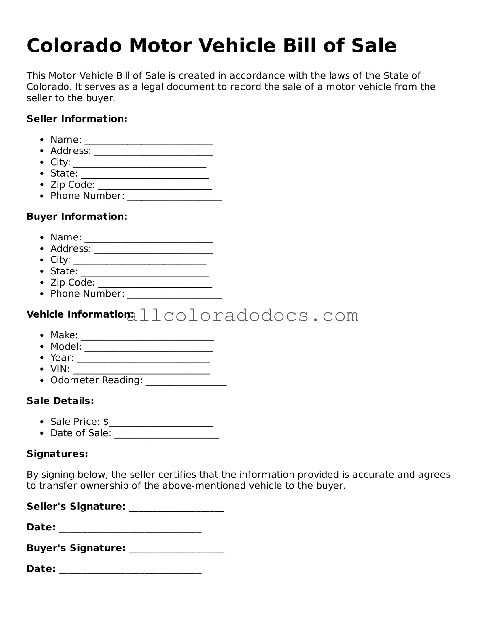 Legal  Motor Vehicle Bill of Sale Form for Colorado