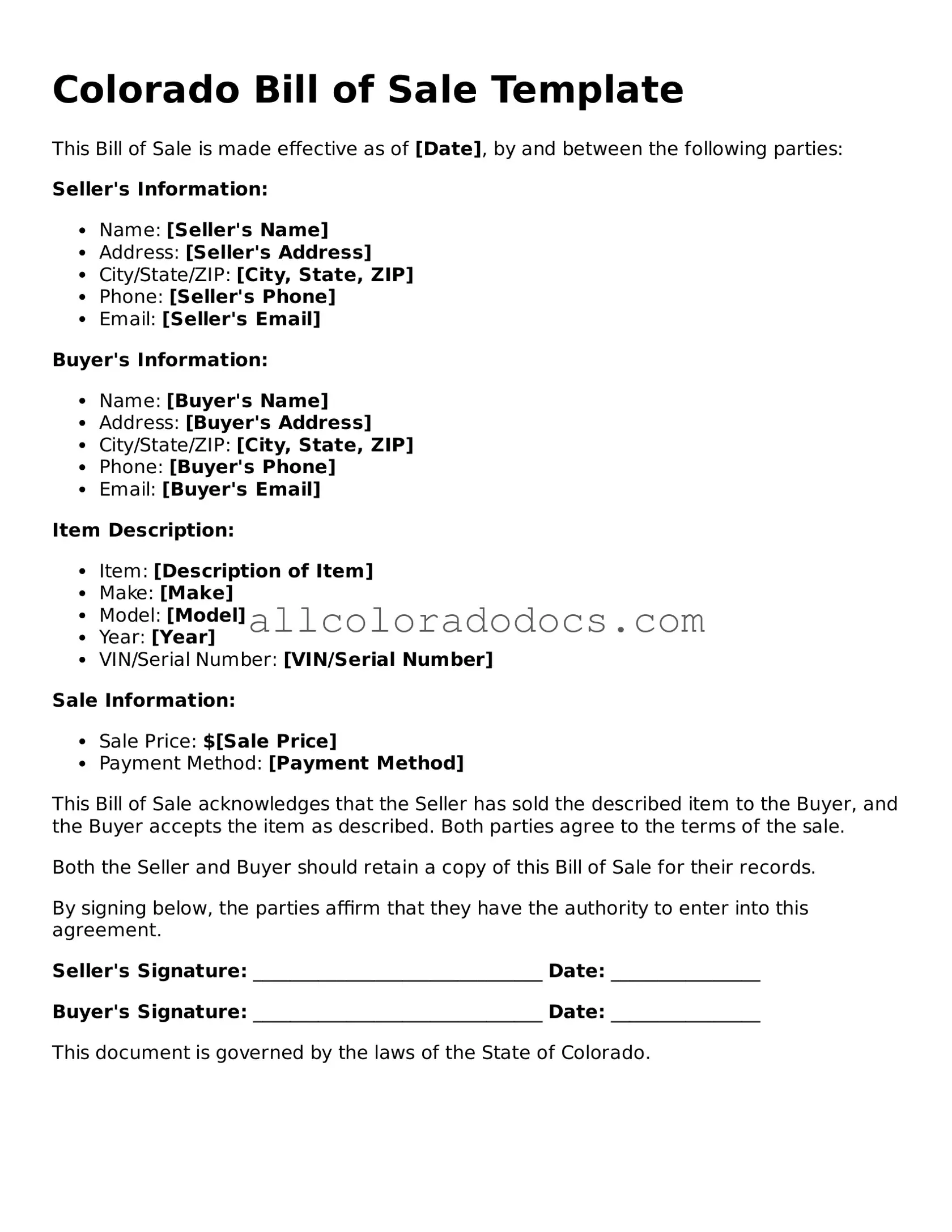 Legal  Bill of Sale Form for Colorado
