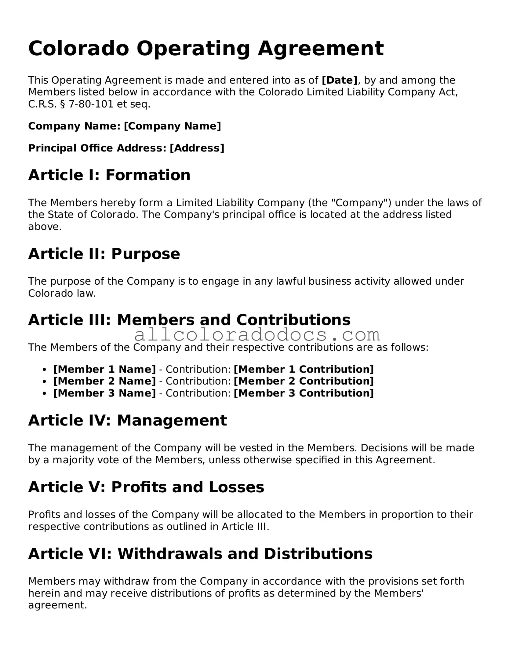 Legal  Operating Agreement Form for Colorado