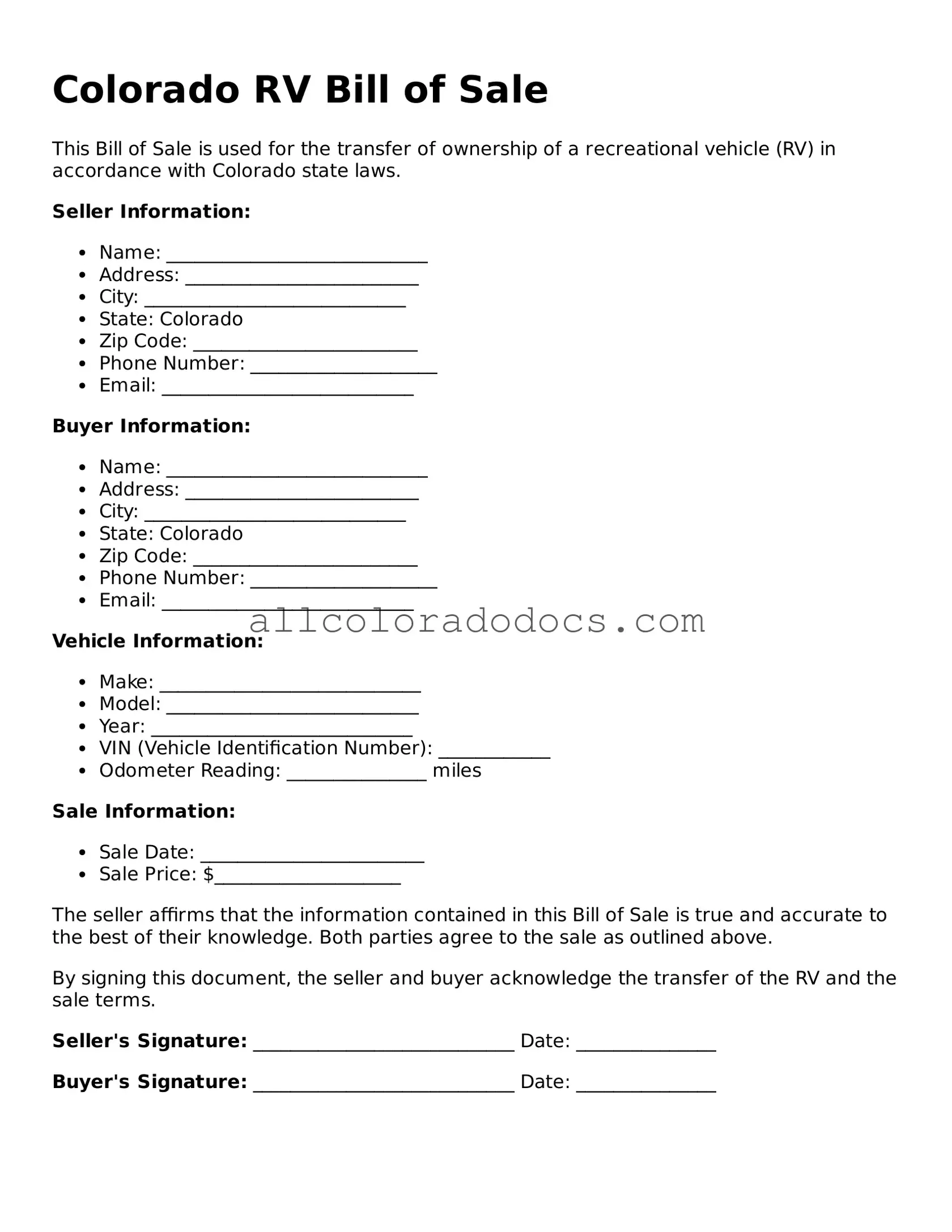 Legal  RV Bill of Sale Form for Colorado