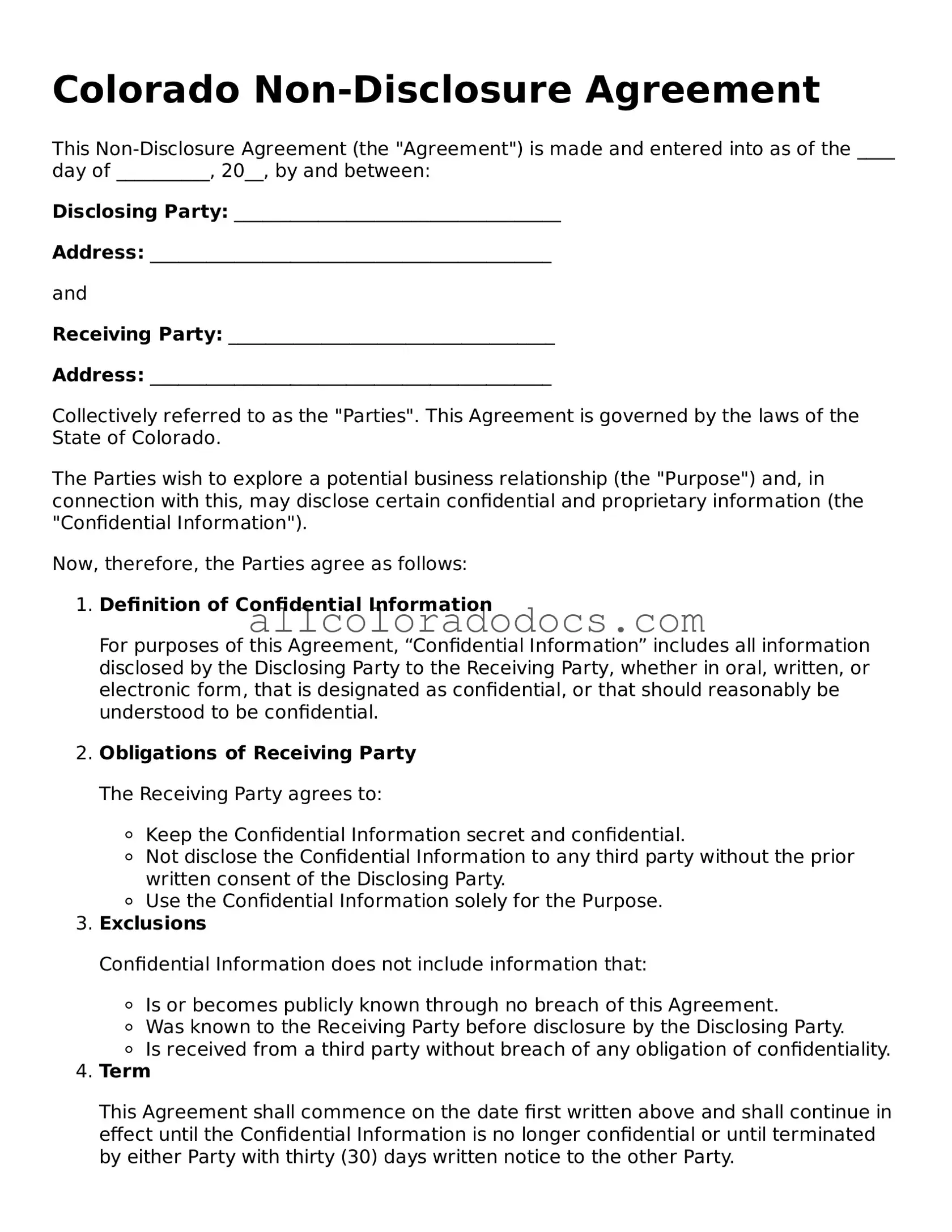 Legal  Non-disclosure Agreement Form for Colorado