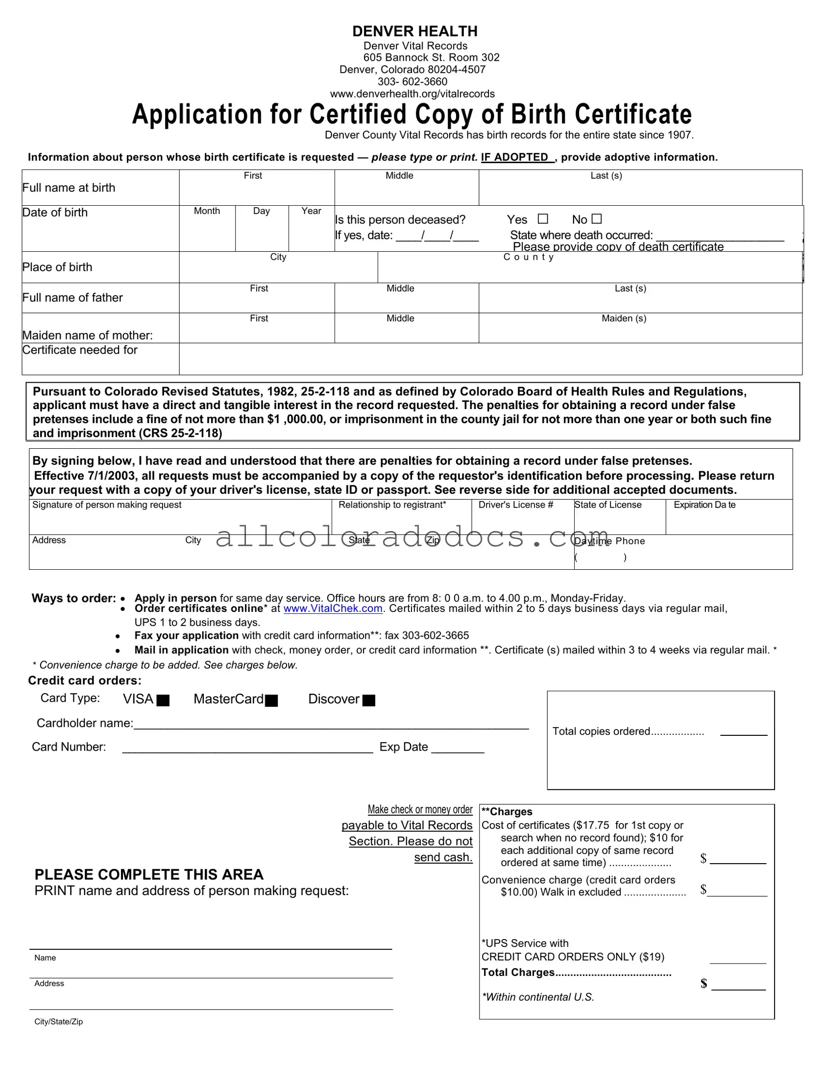Blank Colorado Denver Application Birth Certificate PDF Form