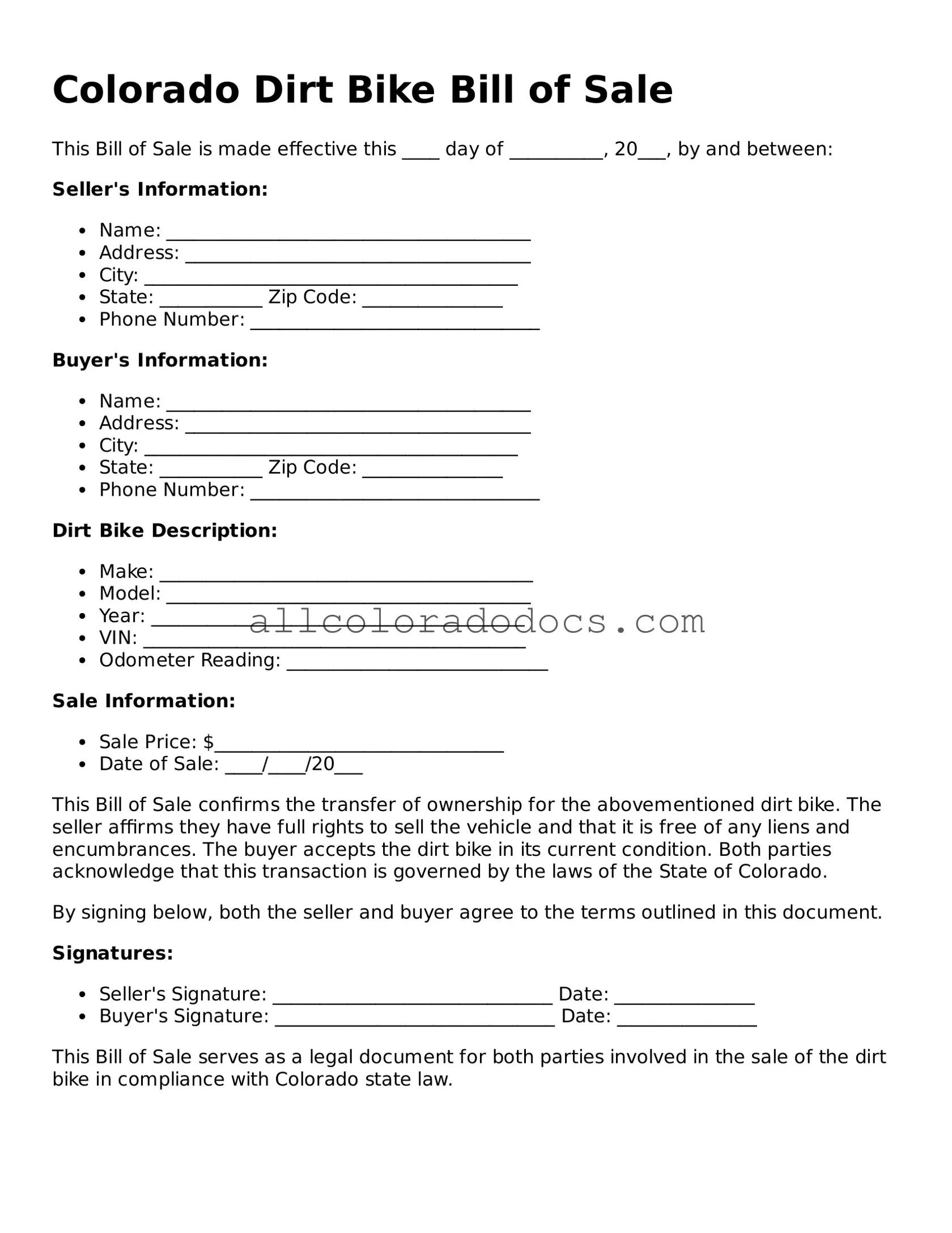 Legal  Dirt Bike Bill of Sale Form for Colorado