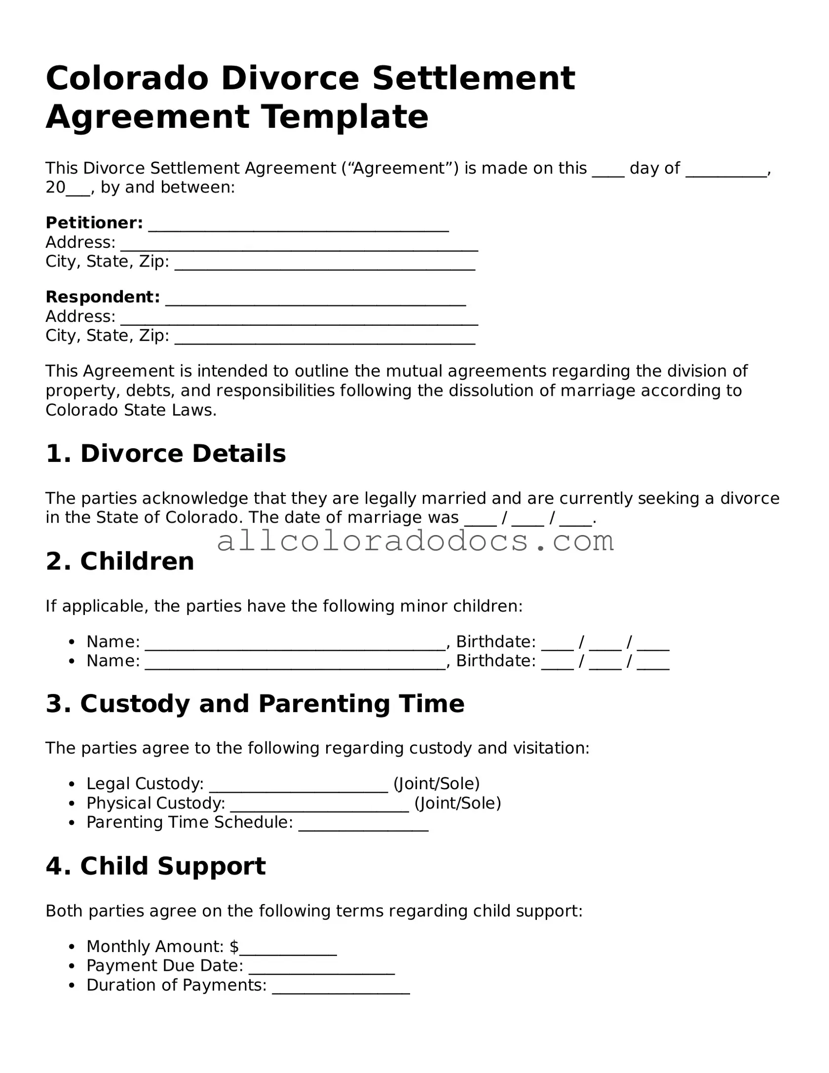 Legal  Divorce Settlement Agreement Form for Colorado