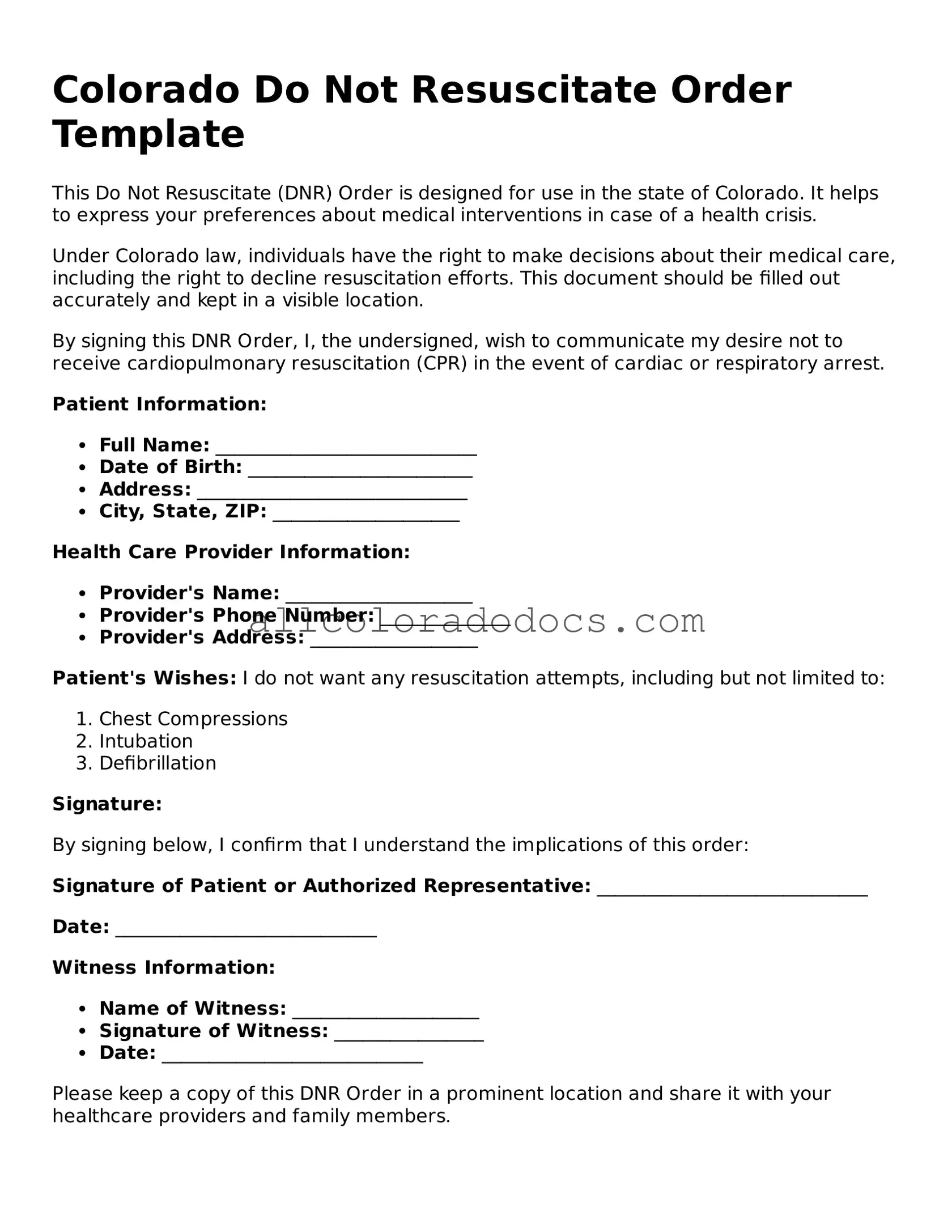 Legal  Do Not Resuscitate Order Form for Colorado