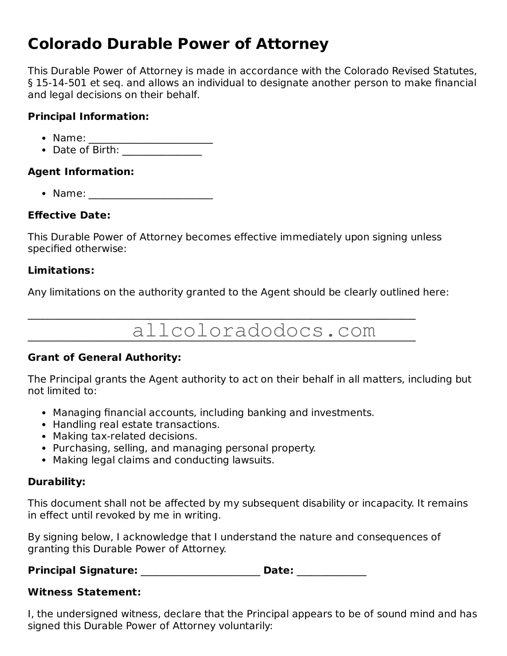 Legal  Durable Power of Attorney Form for Colorado