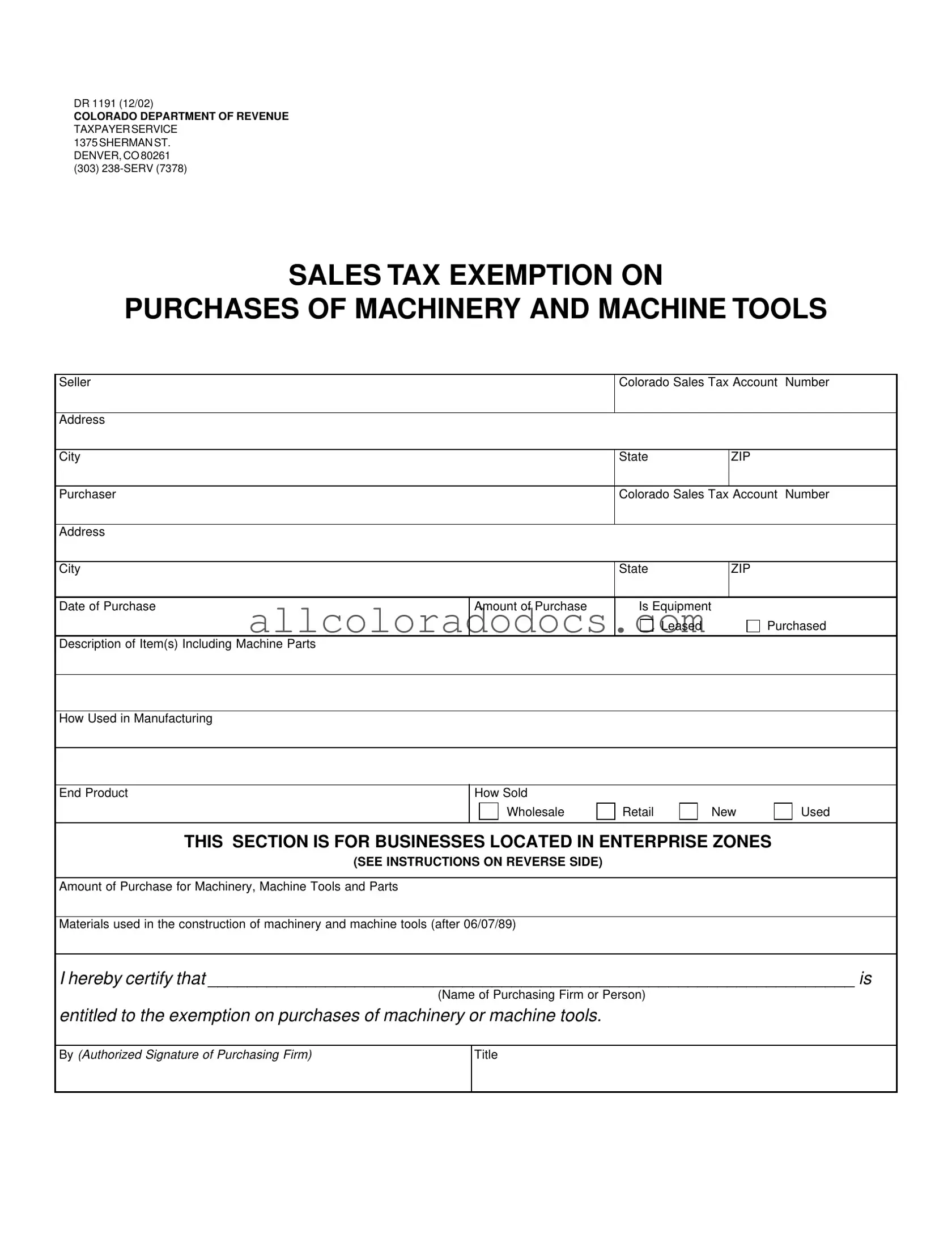 Blank Colorado Dr 1191 PDF Form