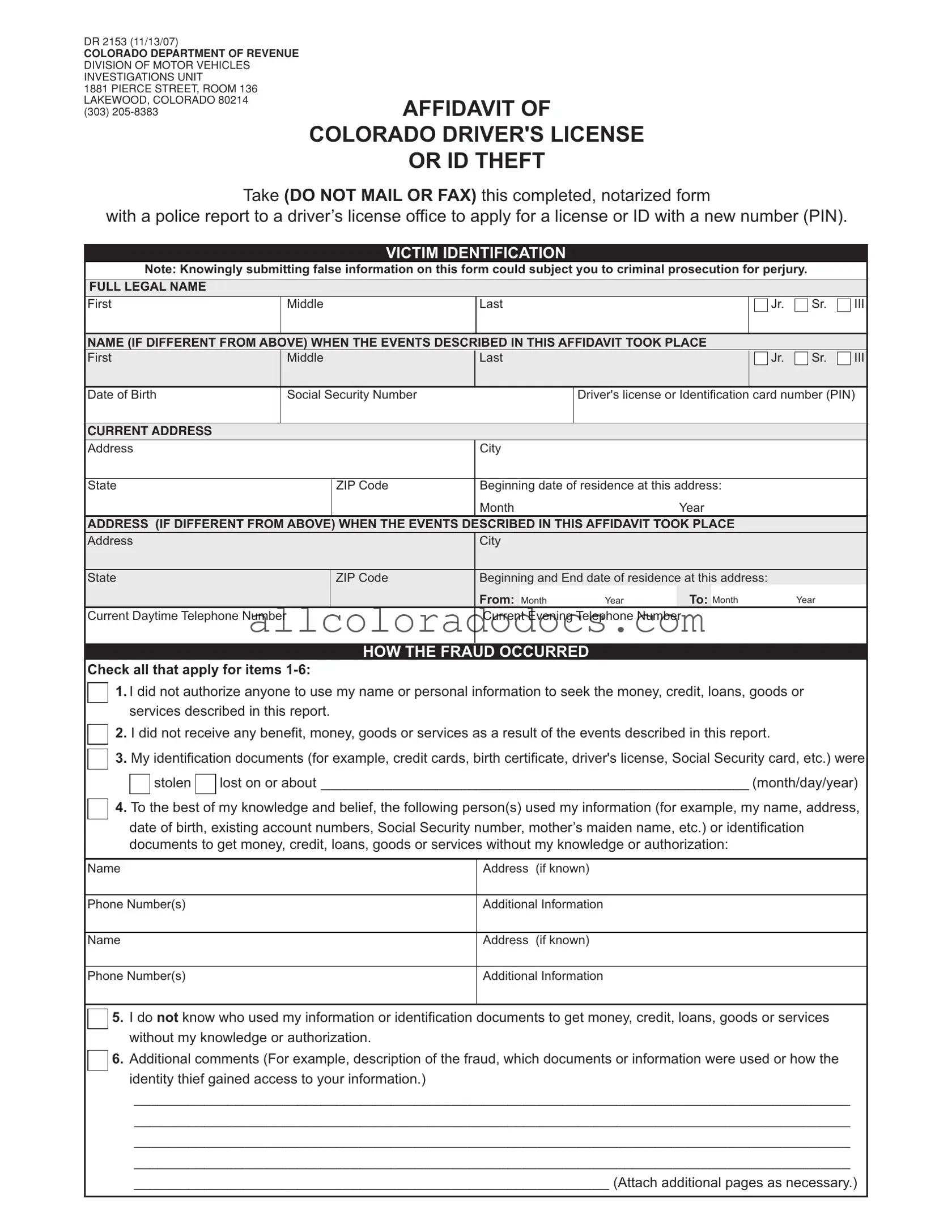 Blank Colorado Dr 2153 PDF Form