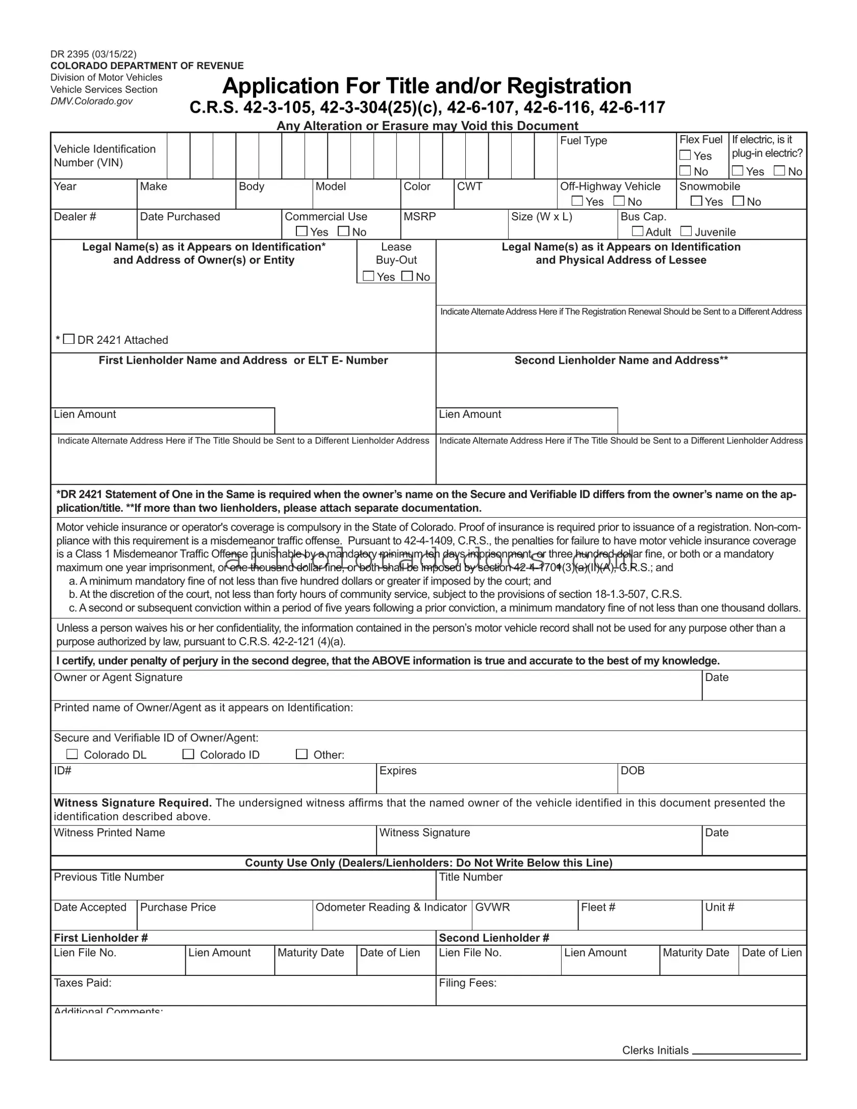 Blank Colorado Dr 2395 PDF Form