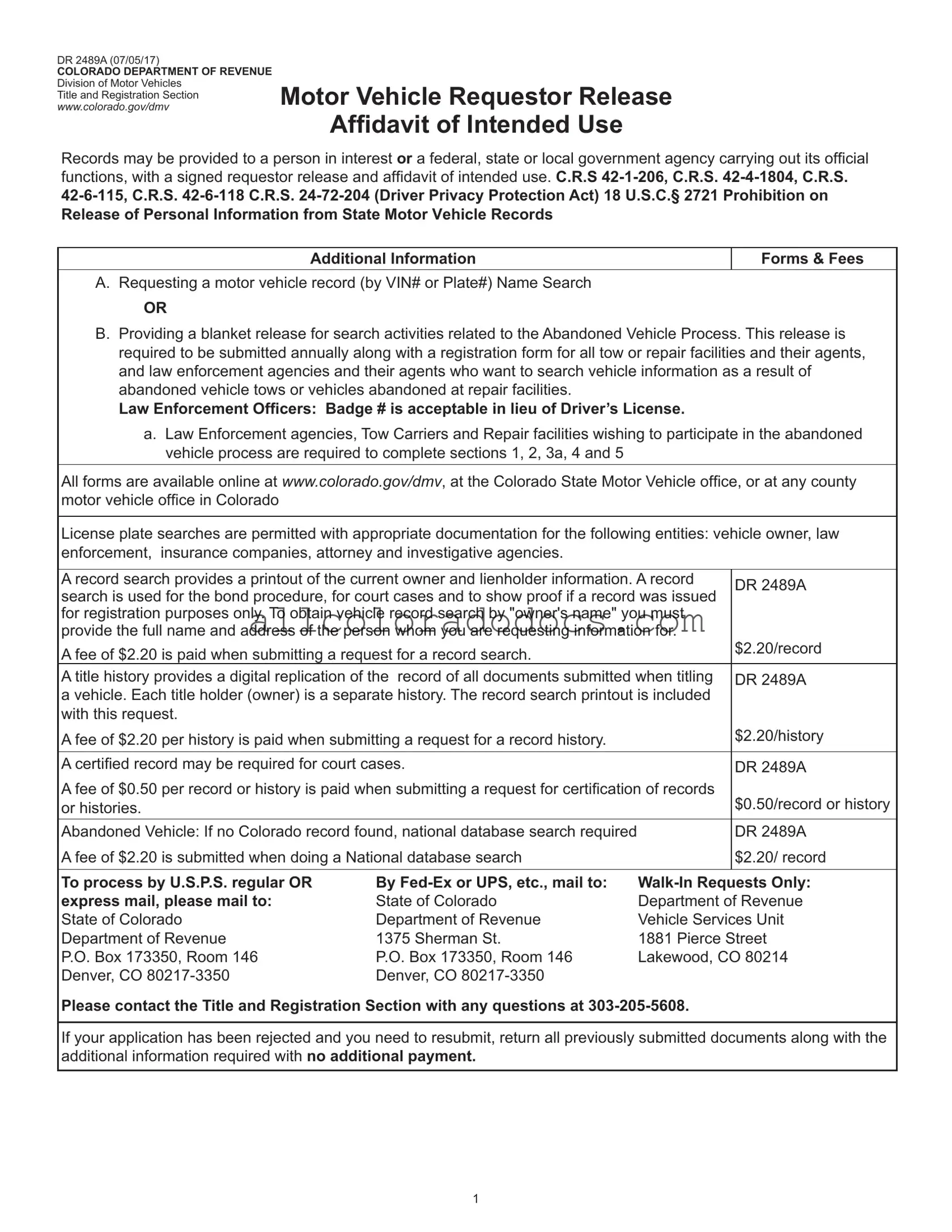 Blank Colorado Dr 2489A PDF Form