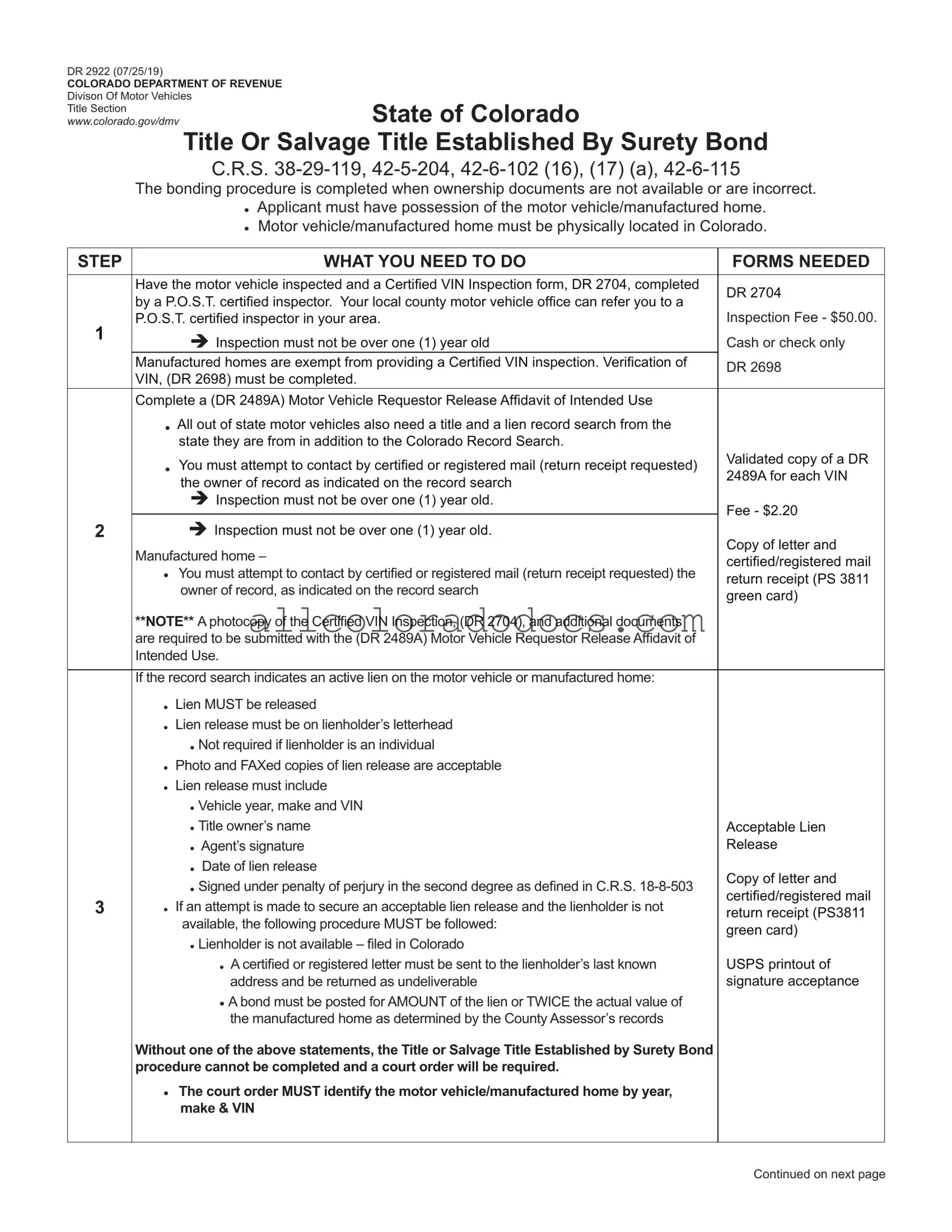 Blank Colorado Dr 2922 PDF Form