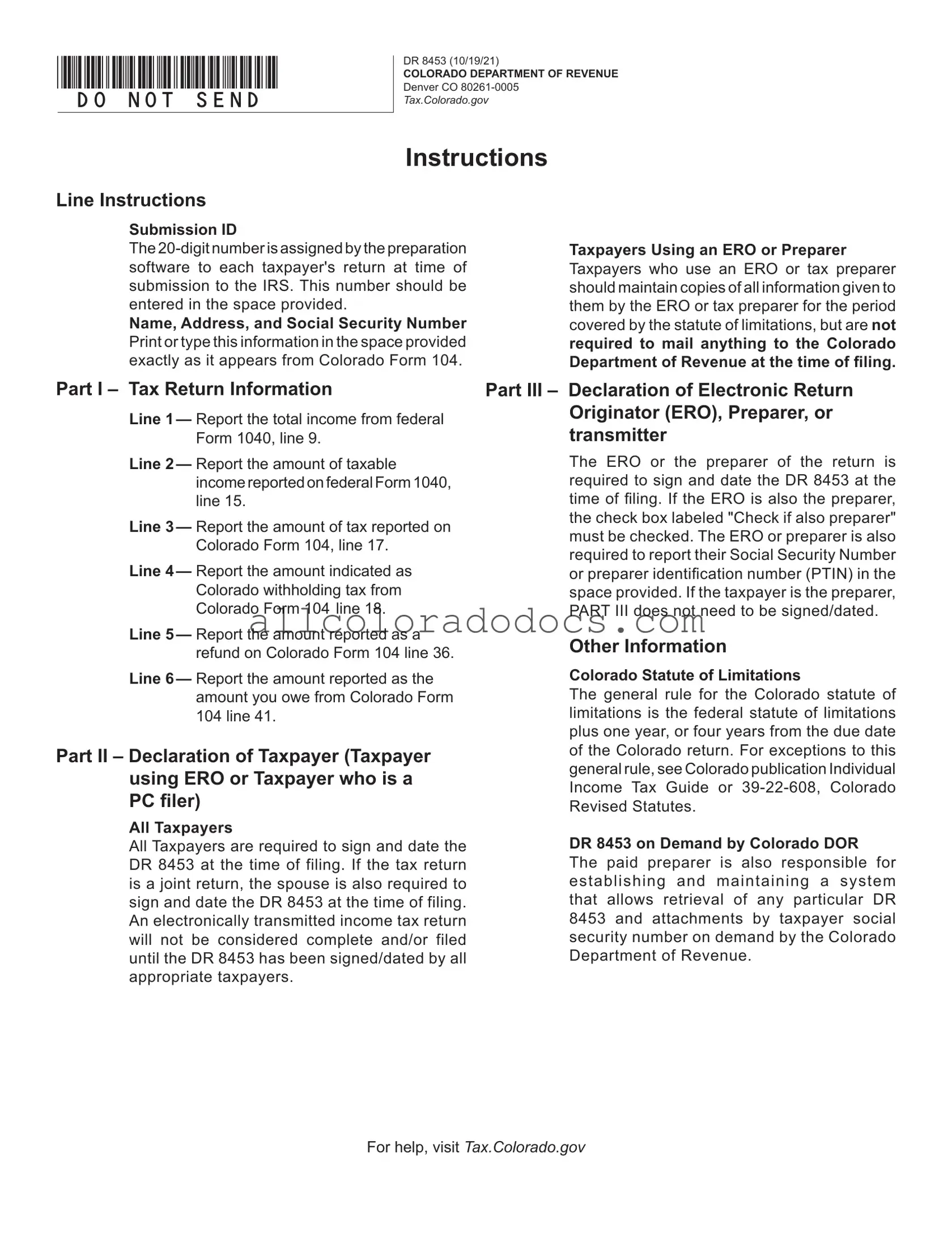Blank Colorado Dr 8453 PDF Form