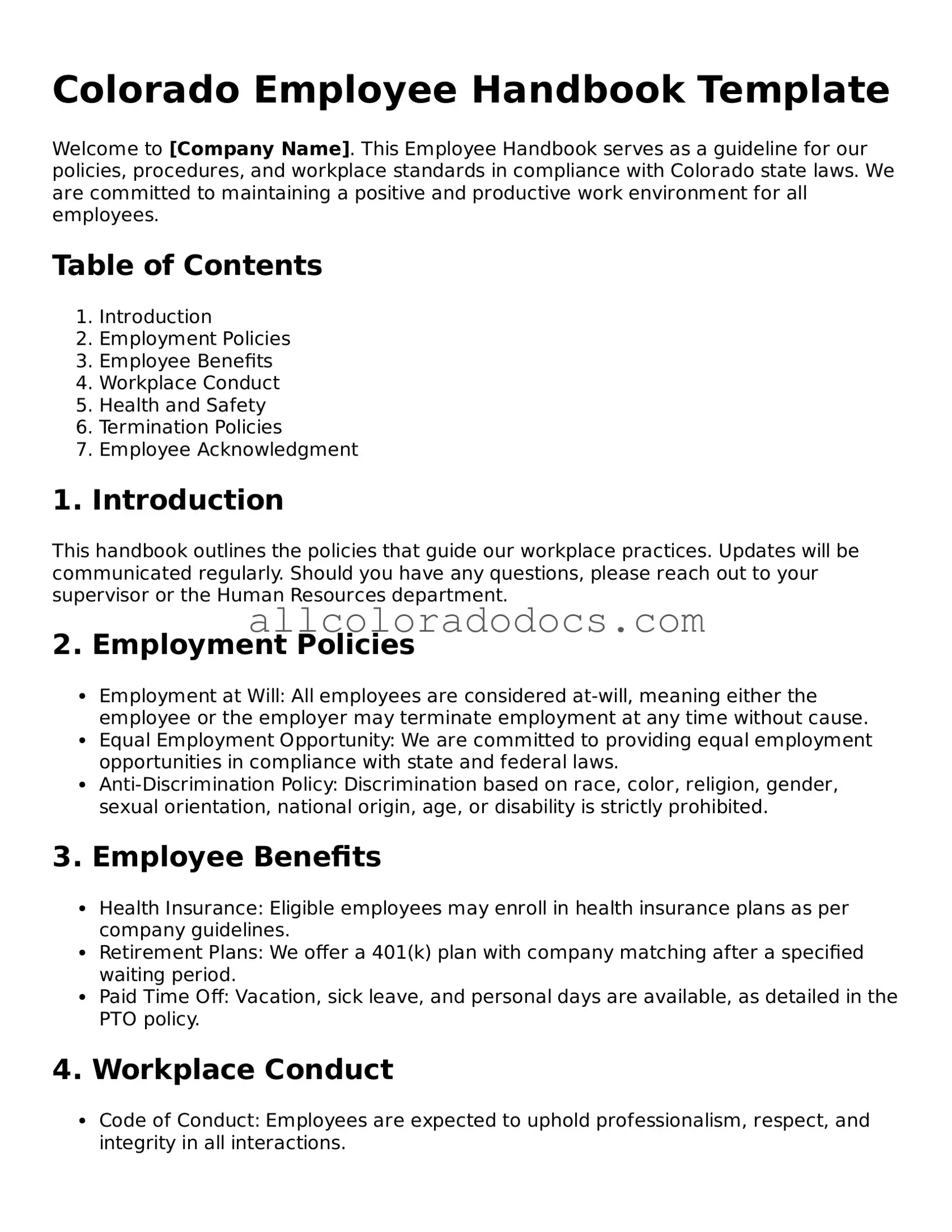 Legal  Employee Handbook Form for Colorado