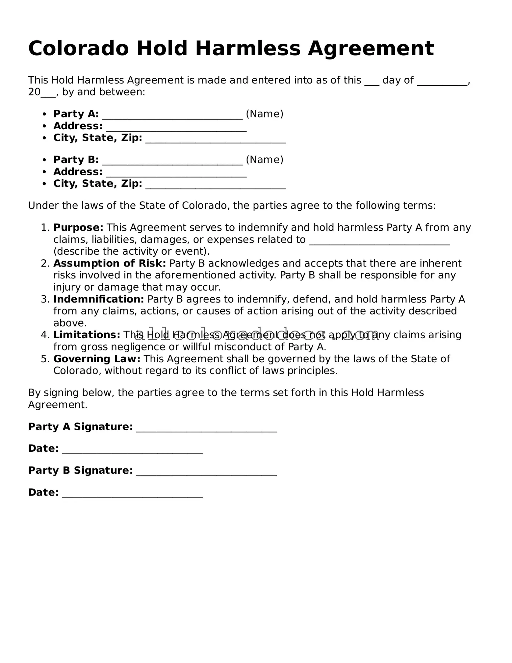 Legal  Hold Harmless Agreement Form for Colorado