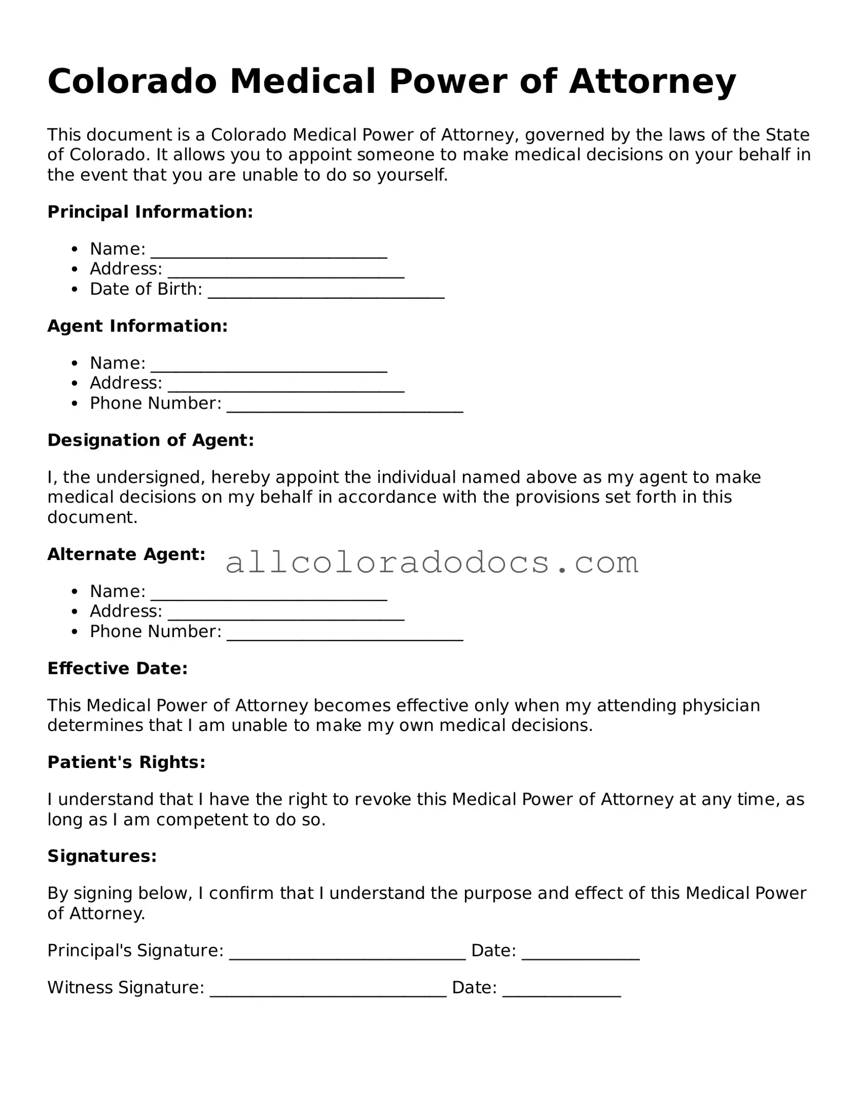 Legal  Medical Power of Attorney Form for Colorado
