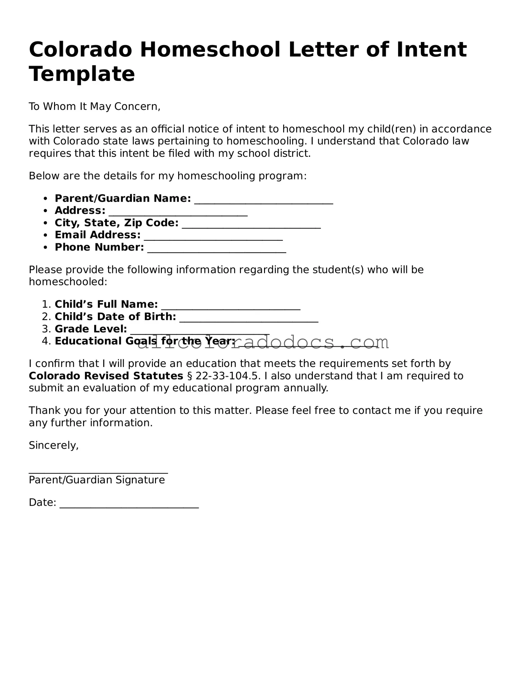 Legal  Homeschool Letter of Intent Form for Colorado