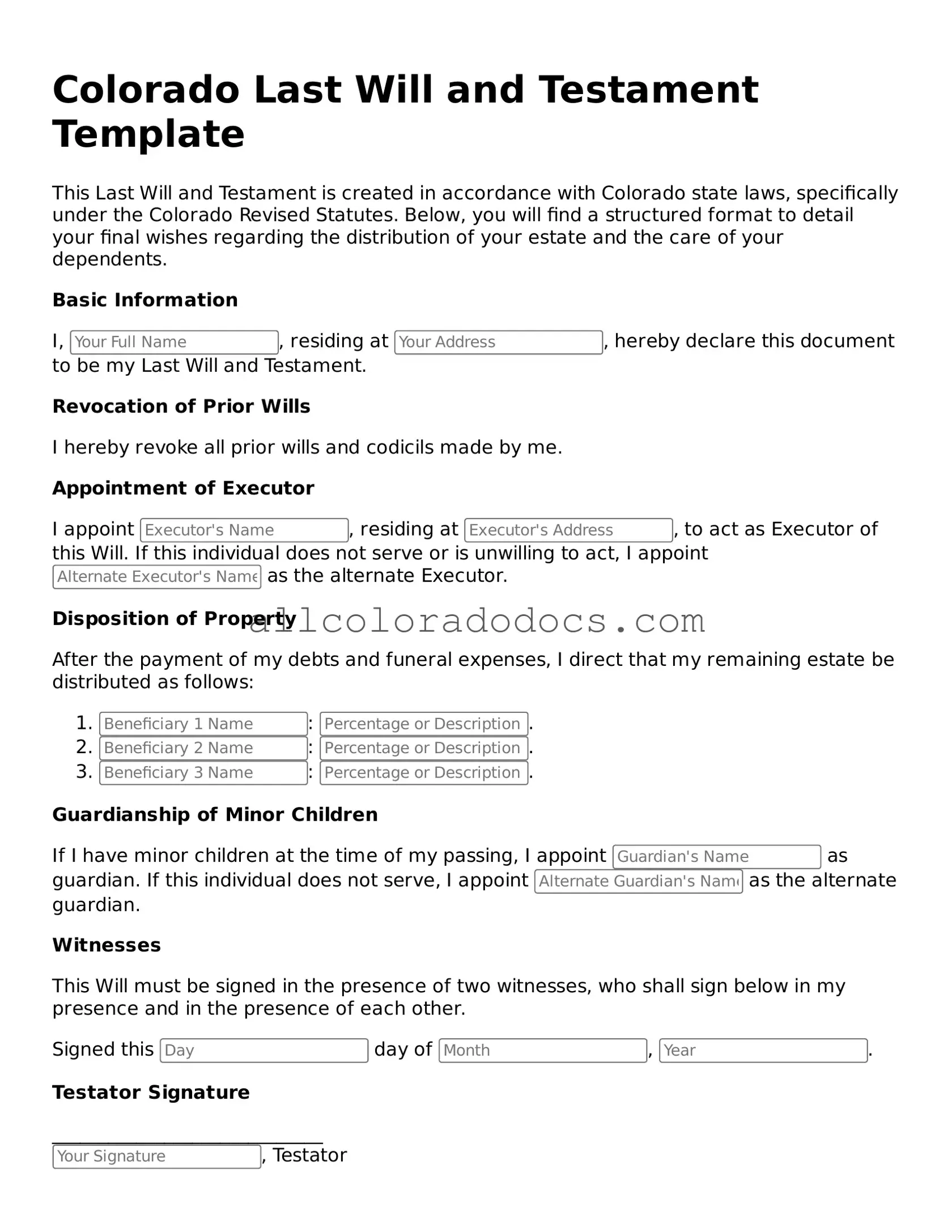 Legal  Last Will and Testament Form for Colorado