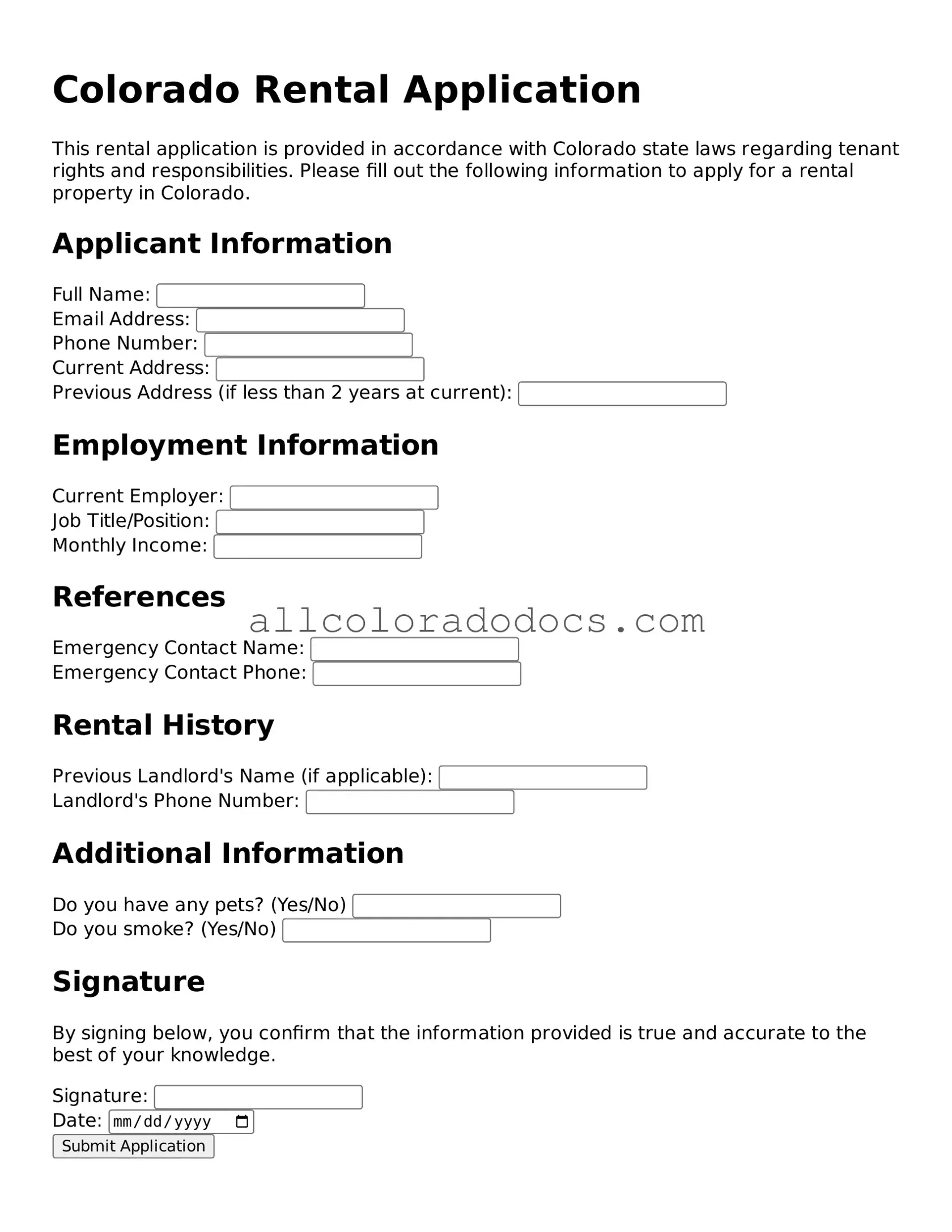 Legal  Rental Application Form for Colorado