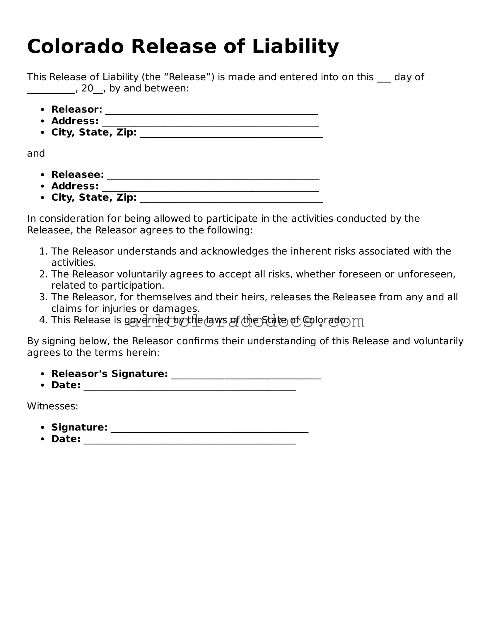 Legal  Release of Liability Form for Colorado
