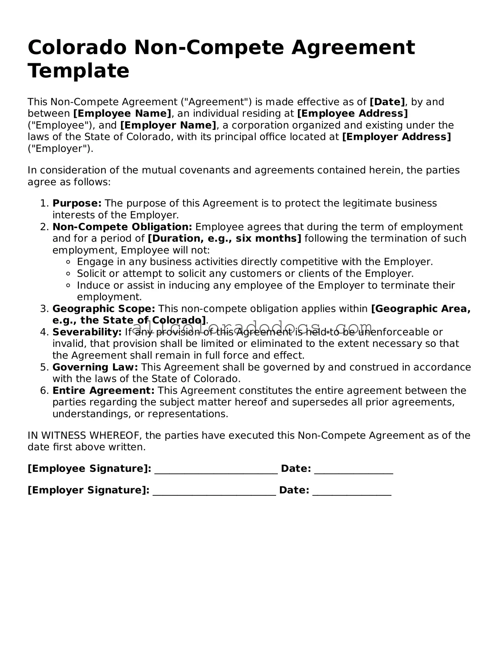 Legal  Non-compete Agreement Form for Colorado