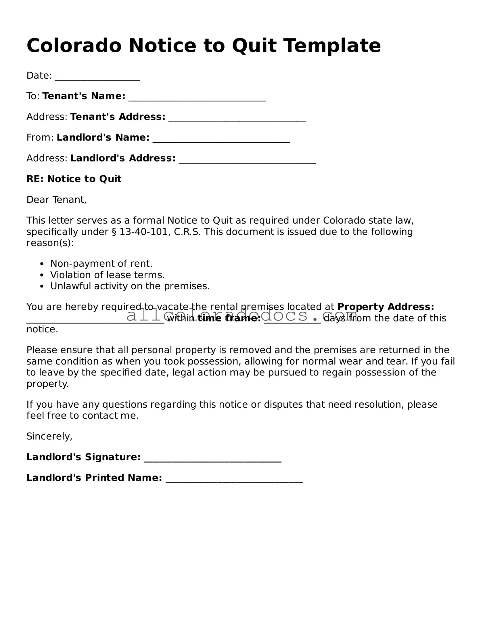 Legal  Notice to Quit Form for Colorado