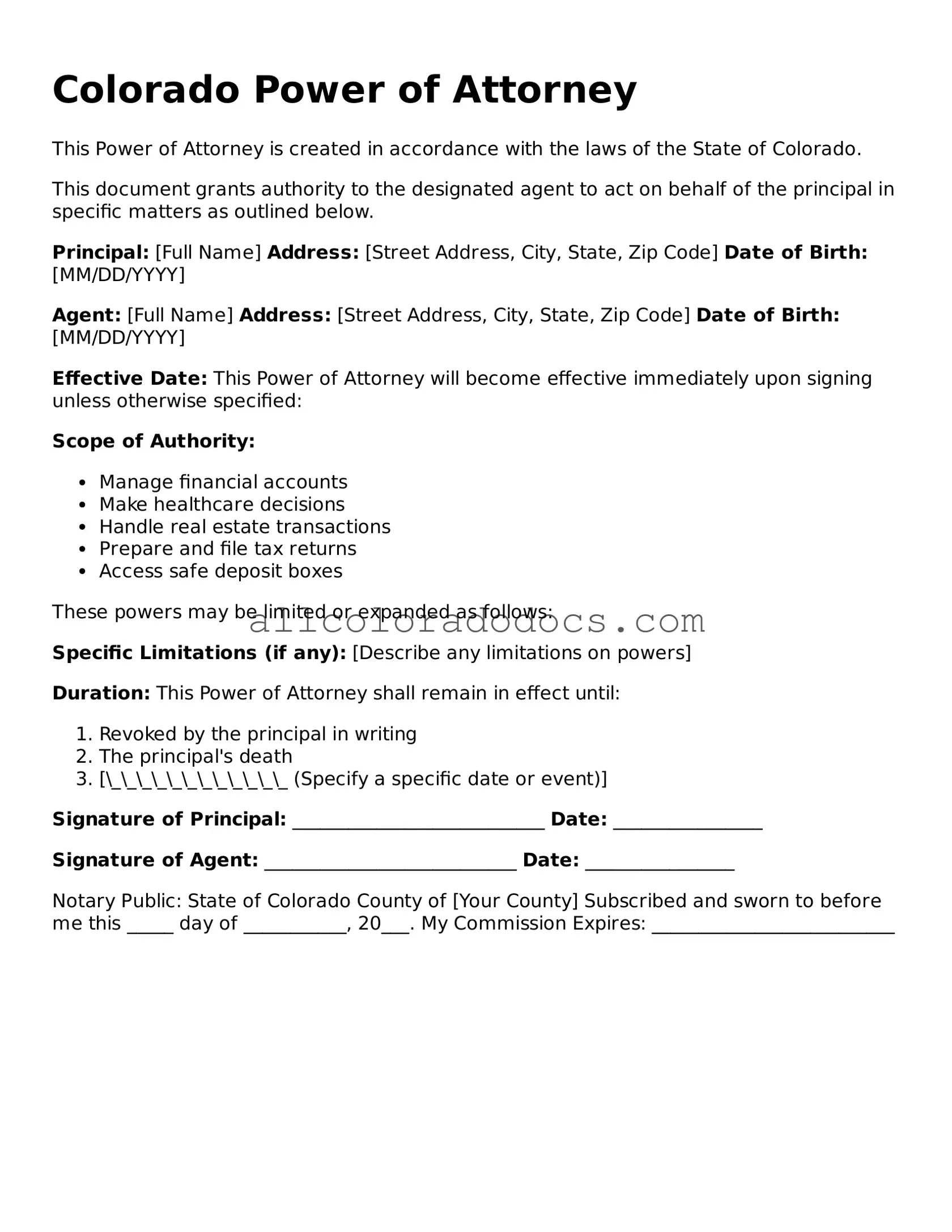 Legal  Power of Attorney Form for Colorado