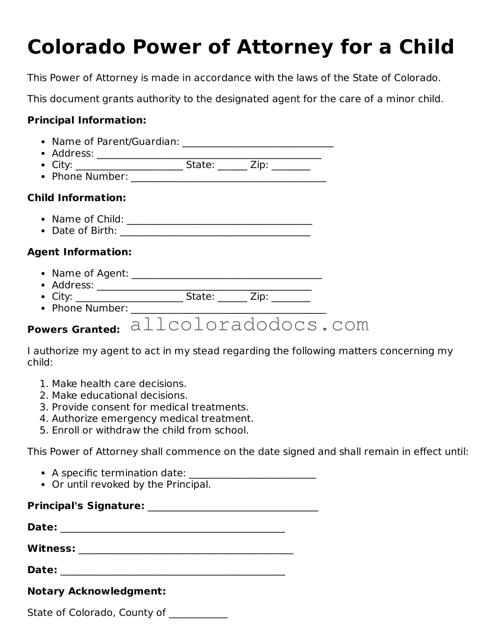 Legal  Power of Attorney for a Child Form for Colorado