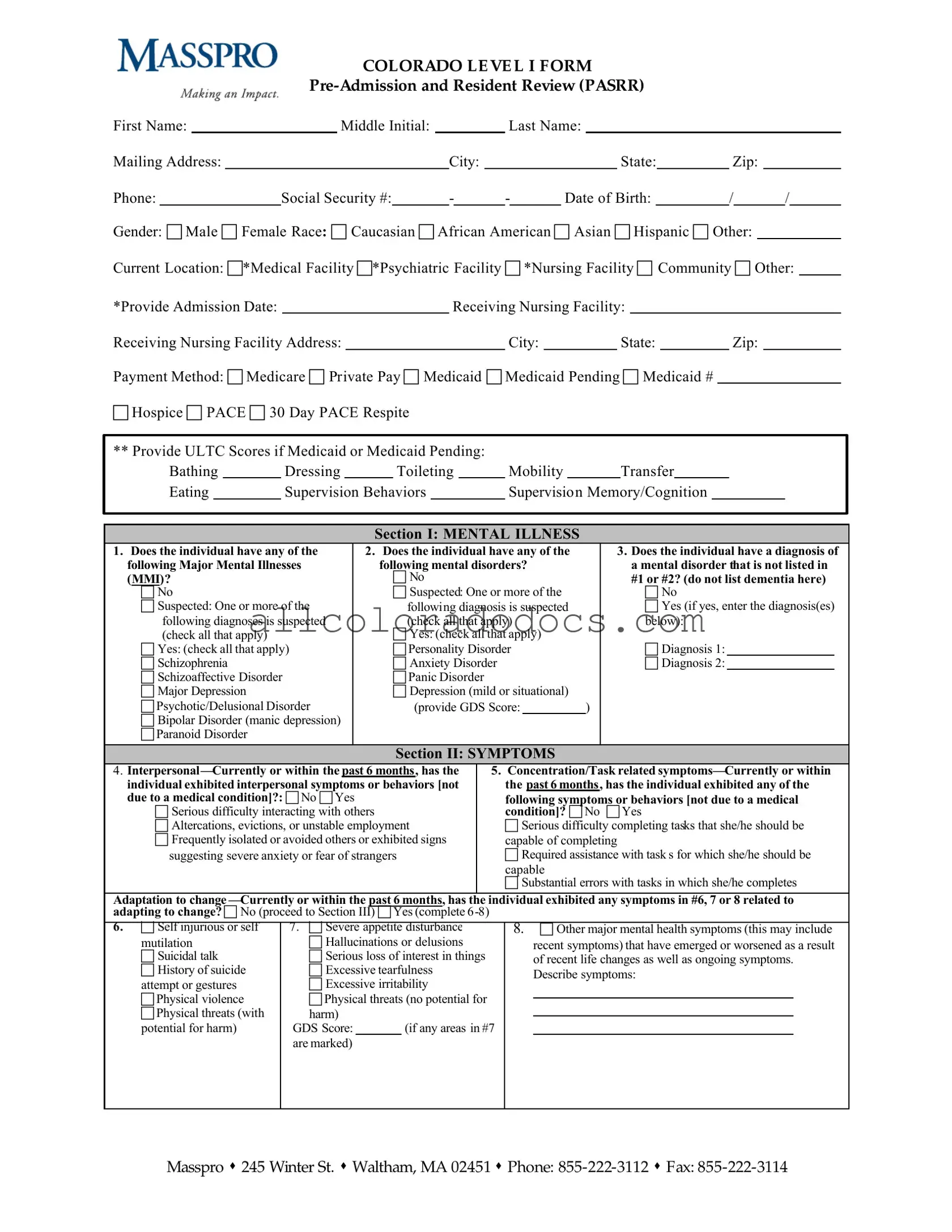 Blank Colorado Post Admission Level 1 Passr PDF Form