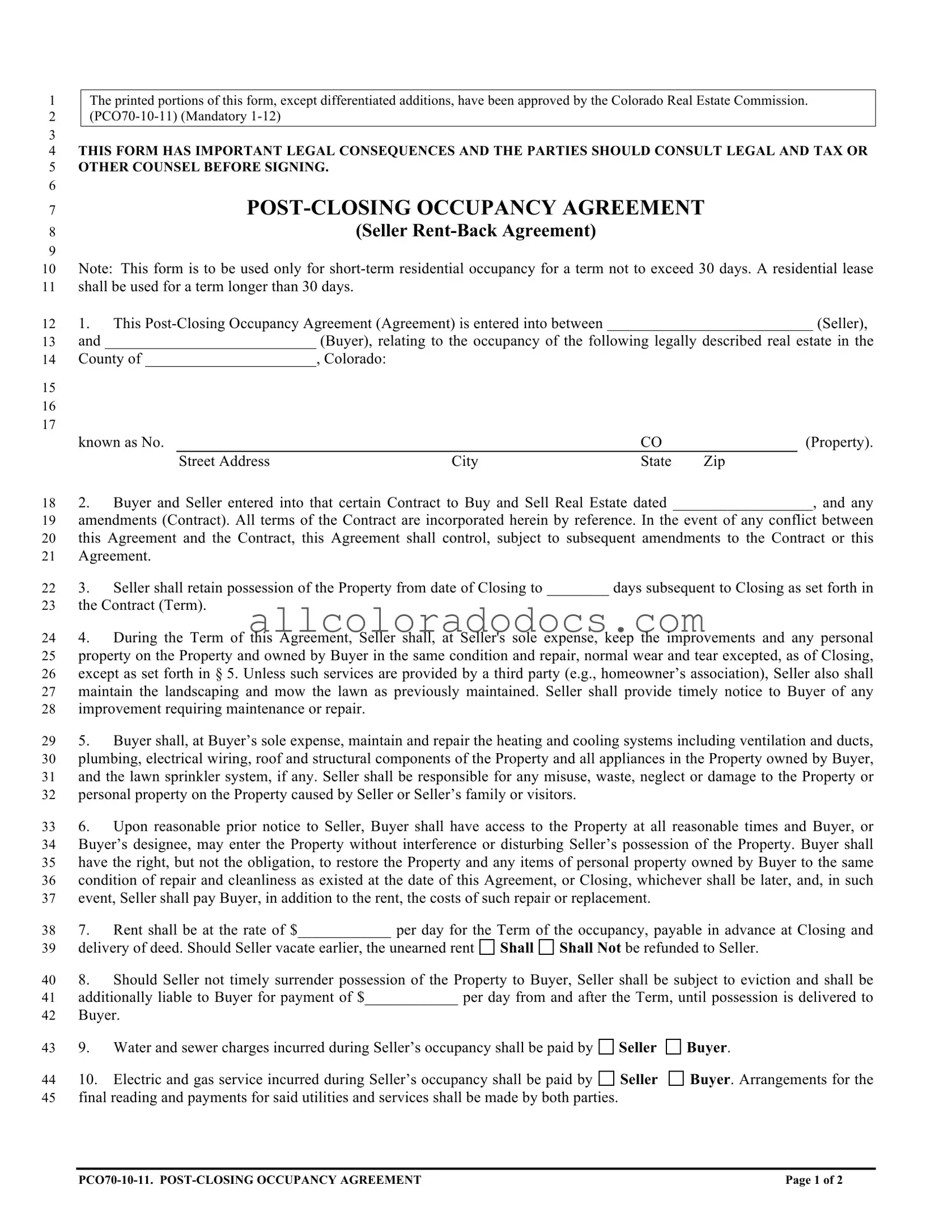 Blank Colorado Post Closing Occupancy Agreement PDF Form