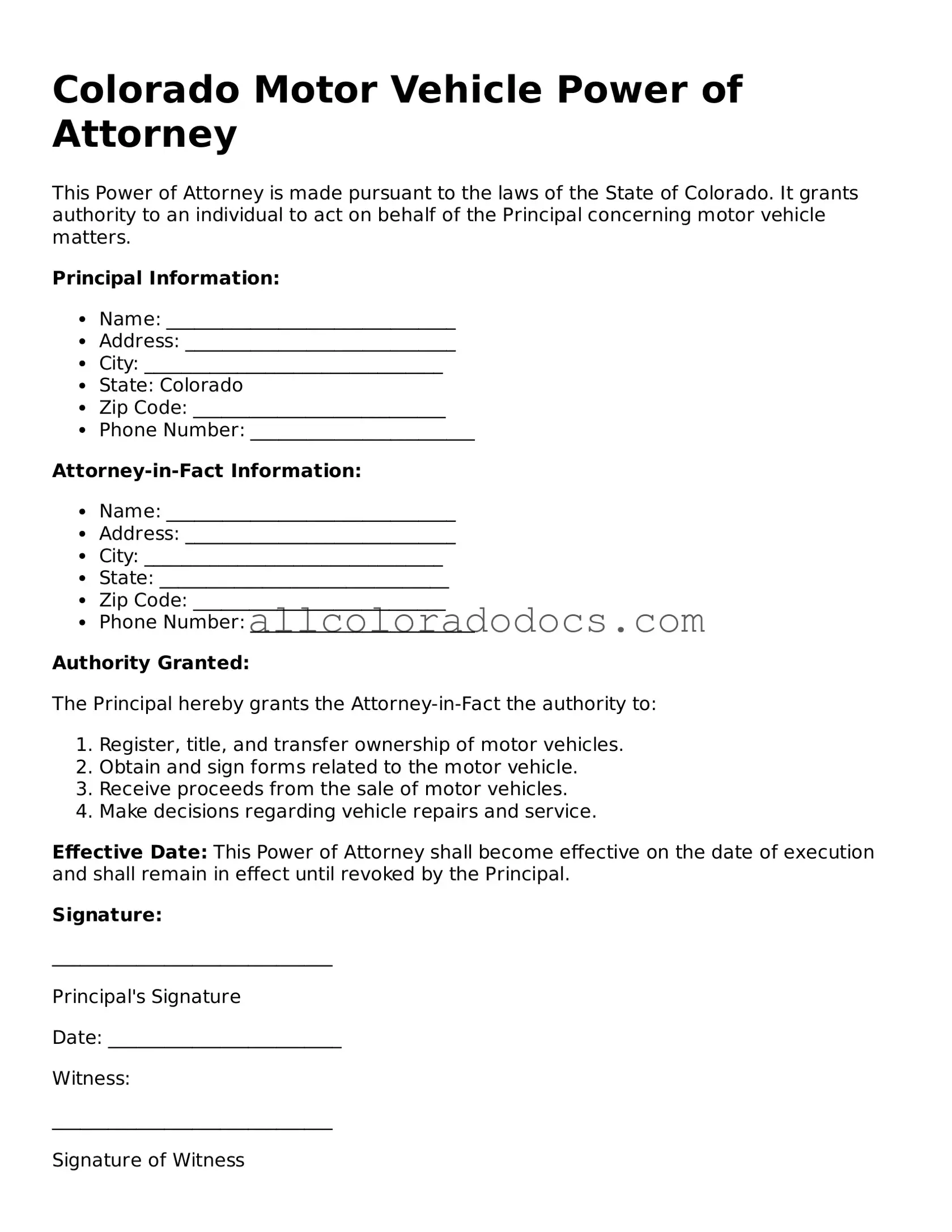 Legal  Motor Vehicle Power of Attorney Form for Colorado