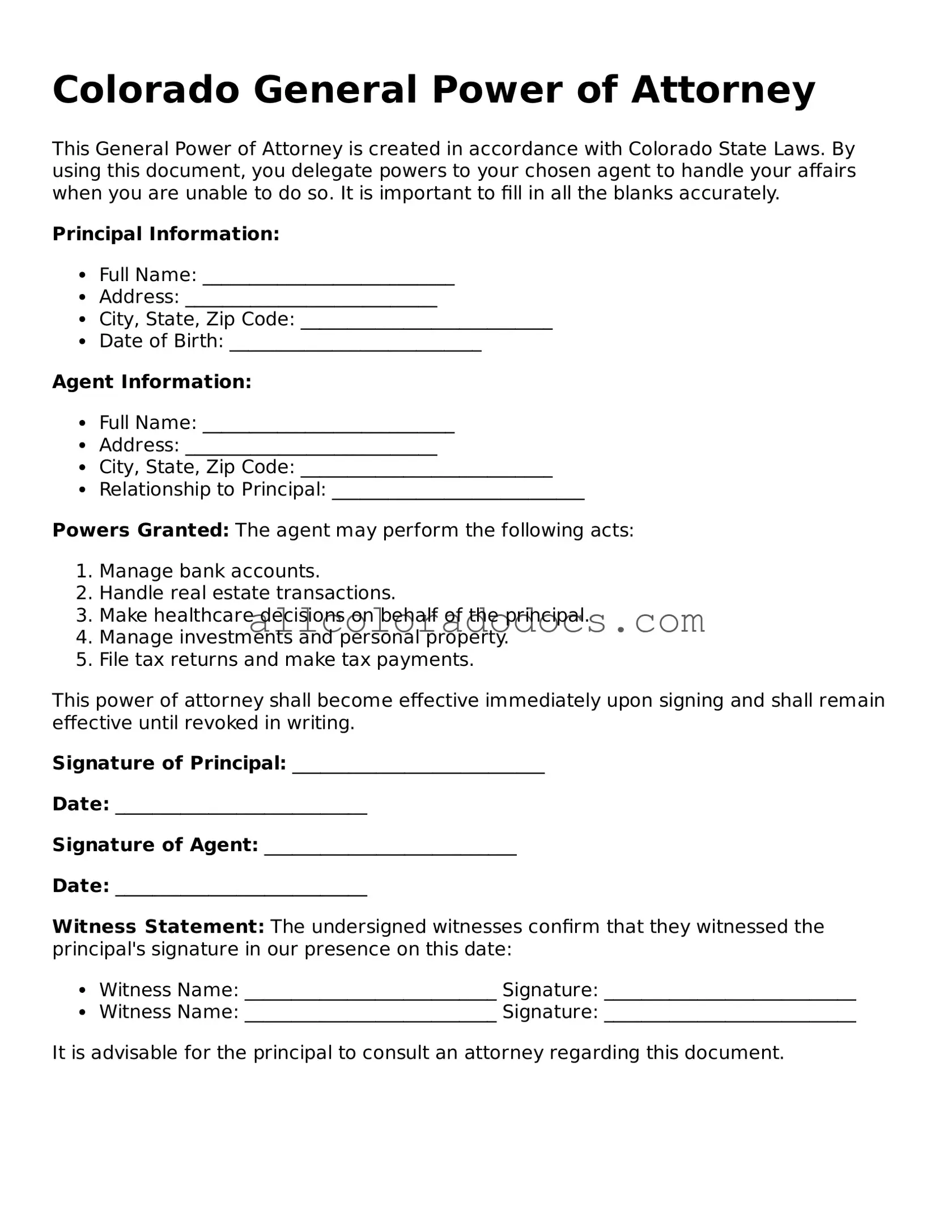 Legal  General Power of Attorney Form for Colorado