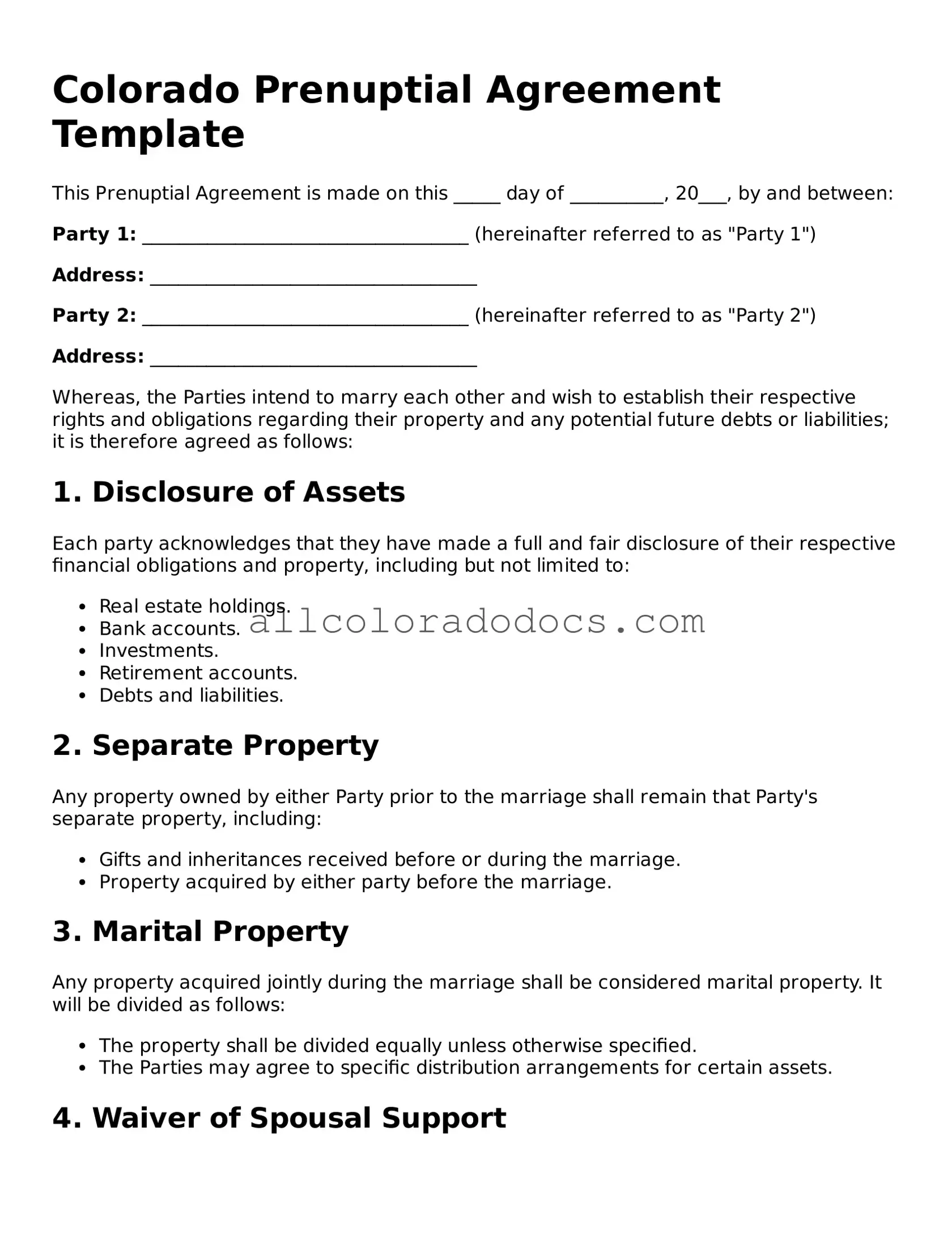 Legal  Prenuptial Agreement Form for Colorado