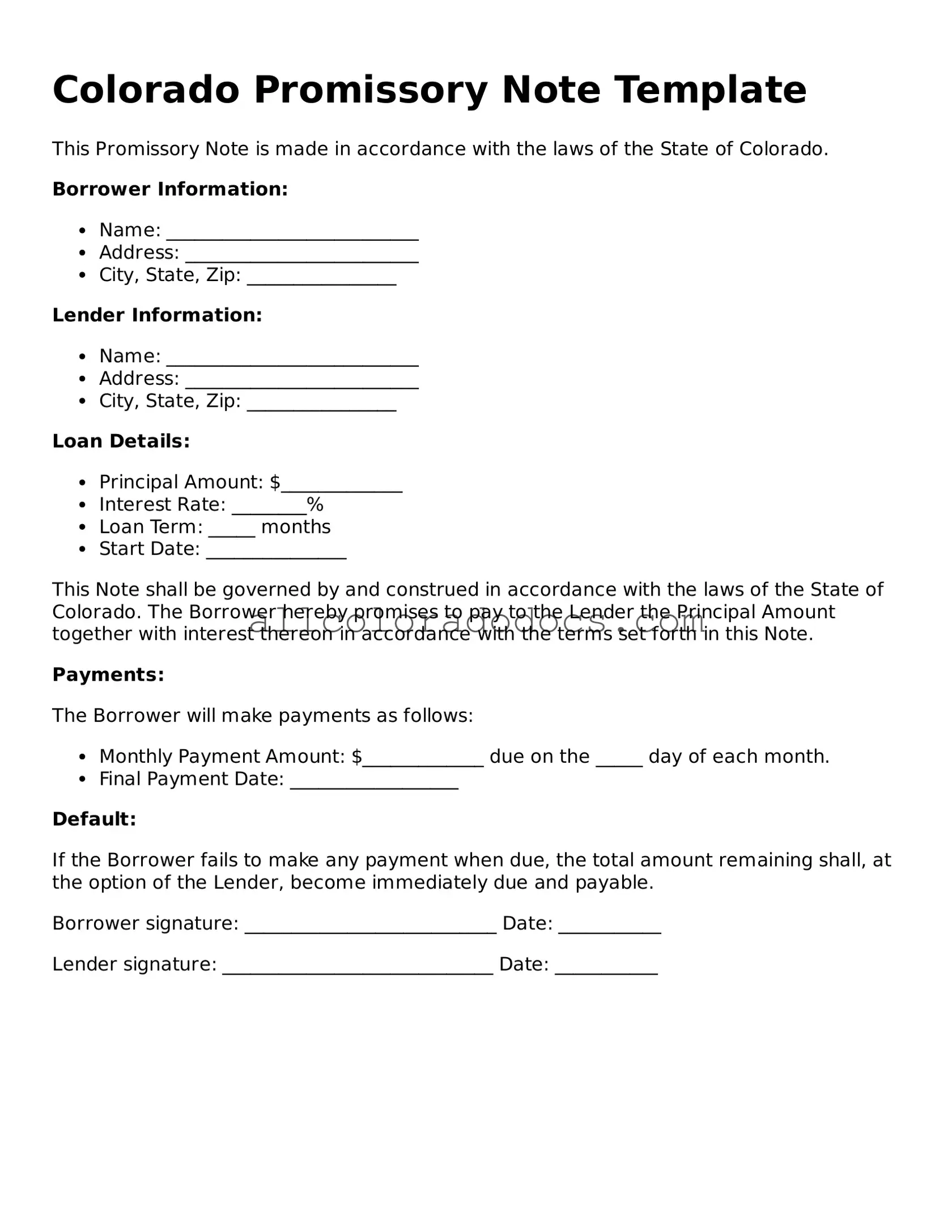 Legal  Promissory Note Form for Colorado