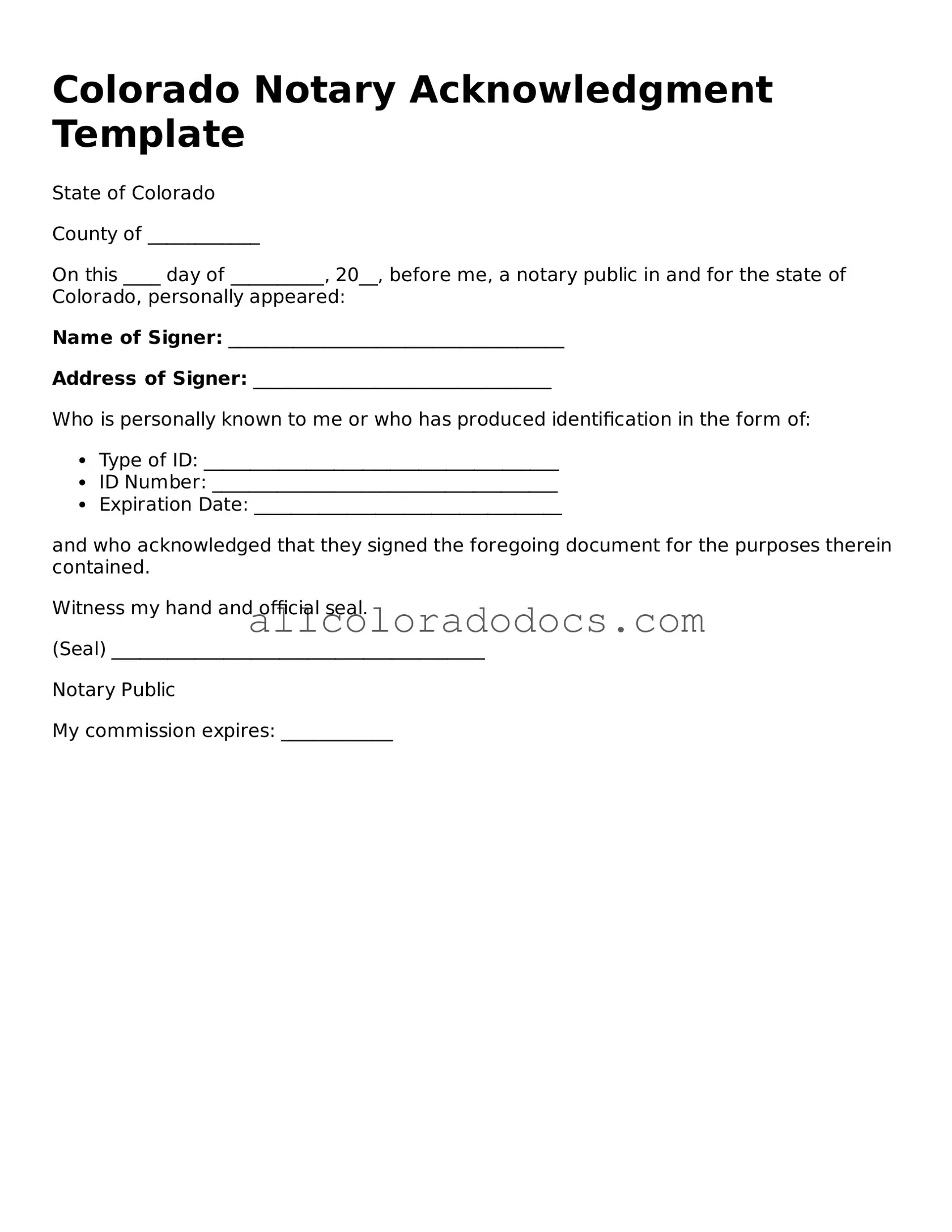 Legal  Notary Acknowledgement Form for Colorado