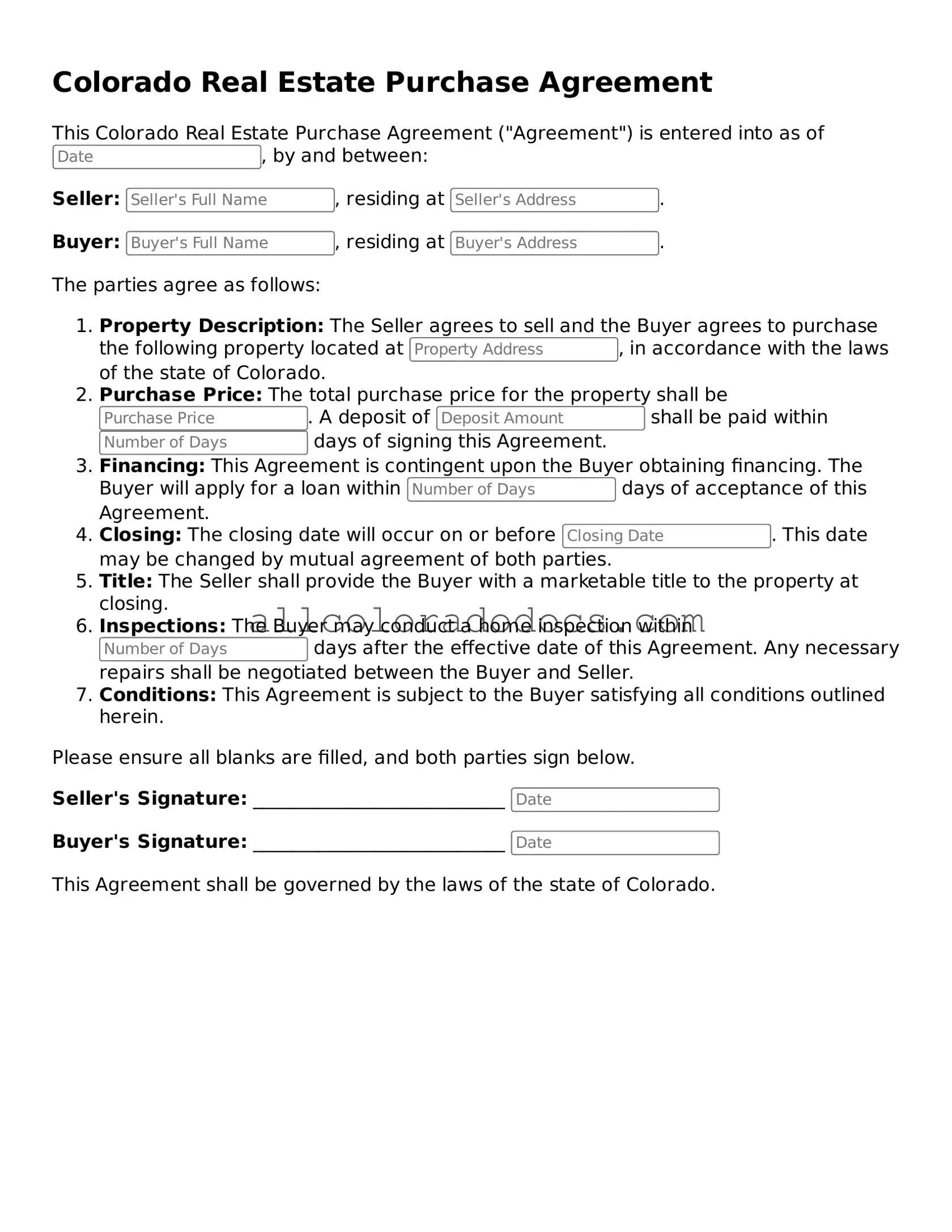 Legal  Real Estate Purchase Agreement Form for Colorado