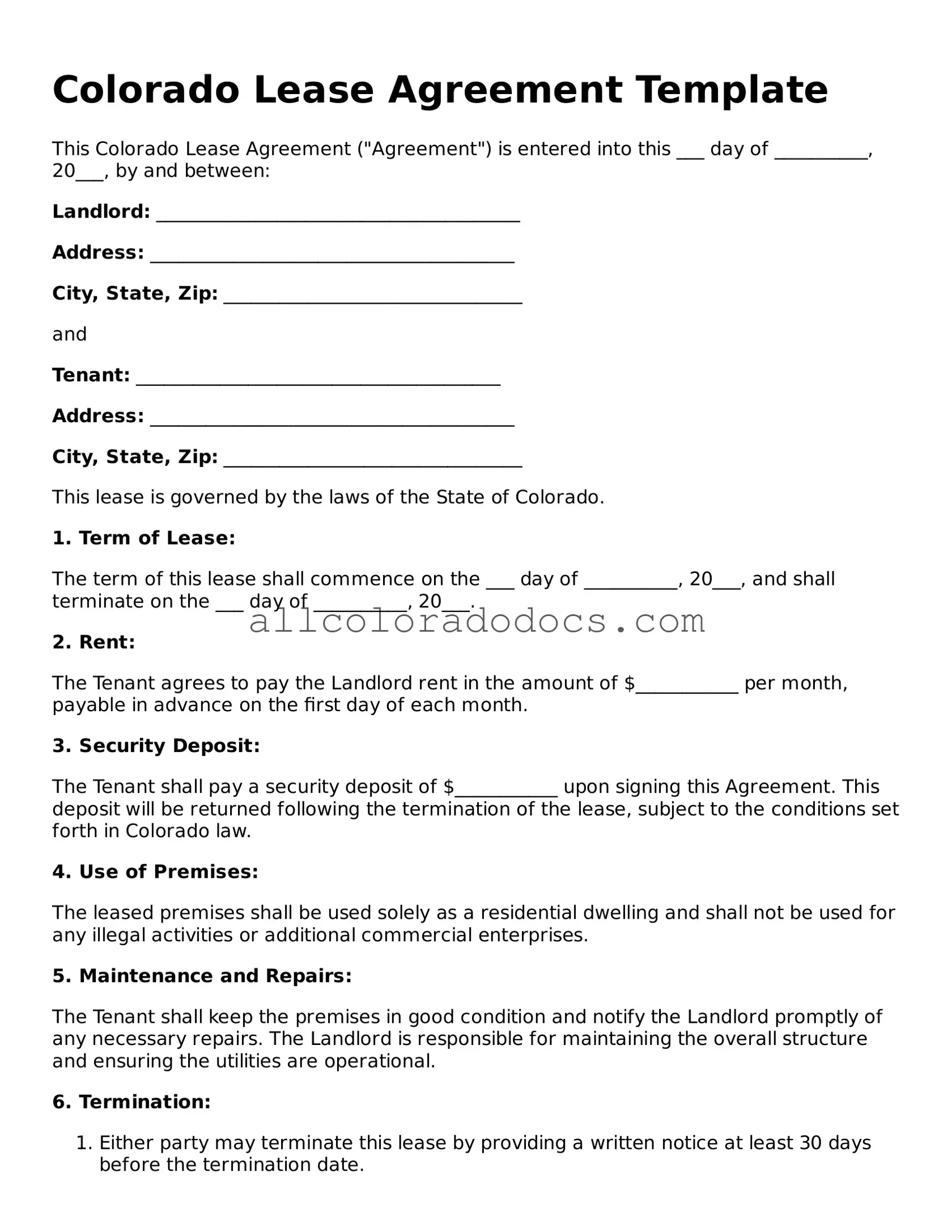 Legal  Lease Agreement Form for Colorado