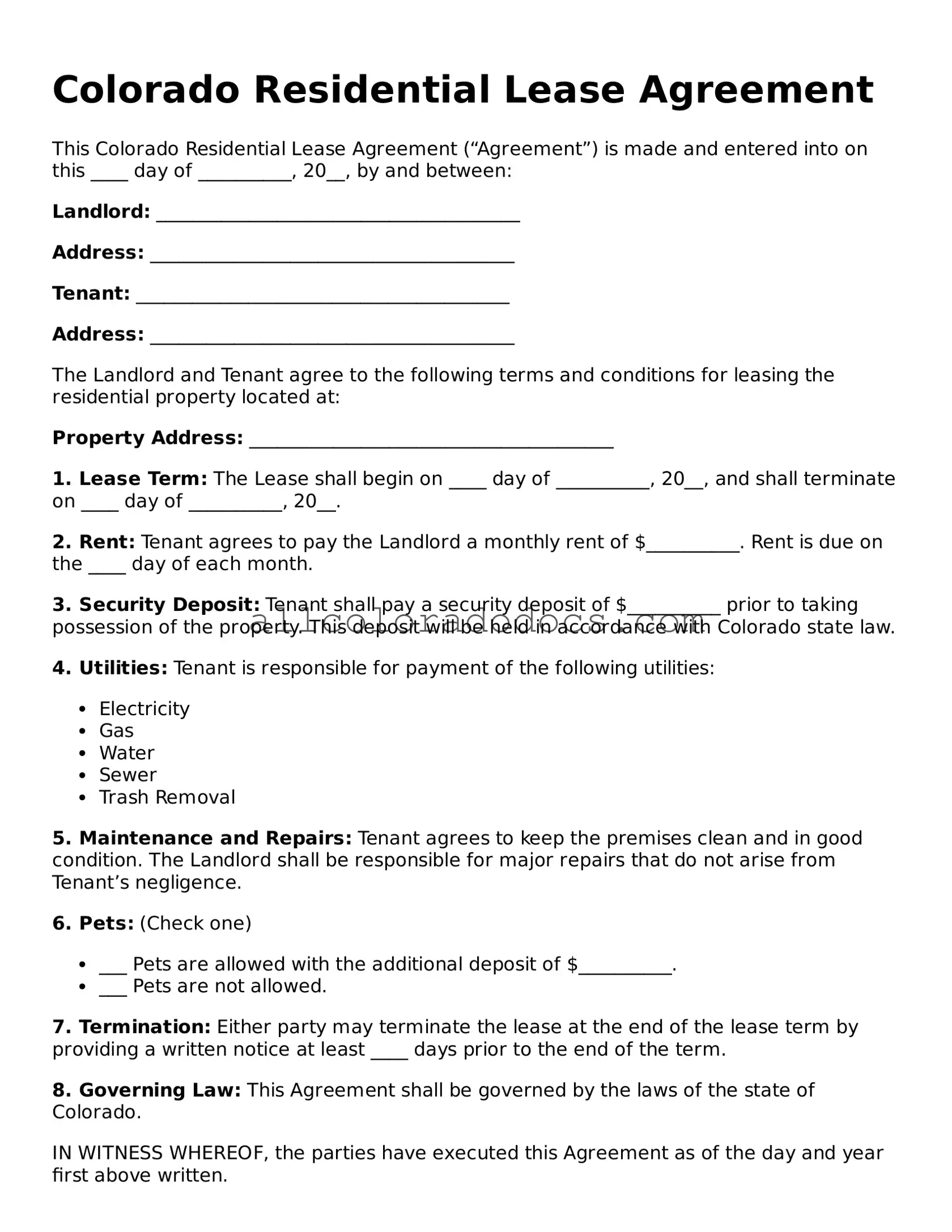 Legal  Residential Lease Agreement Form for Colorado