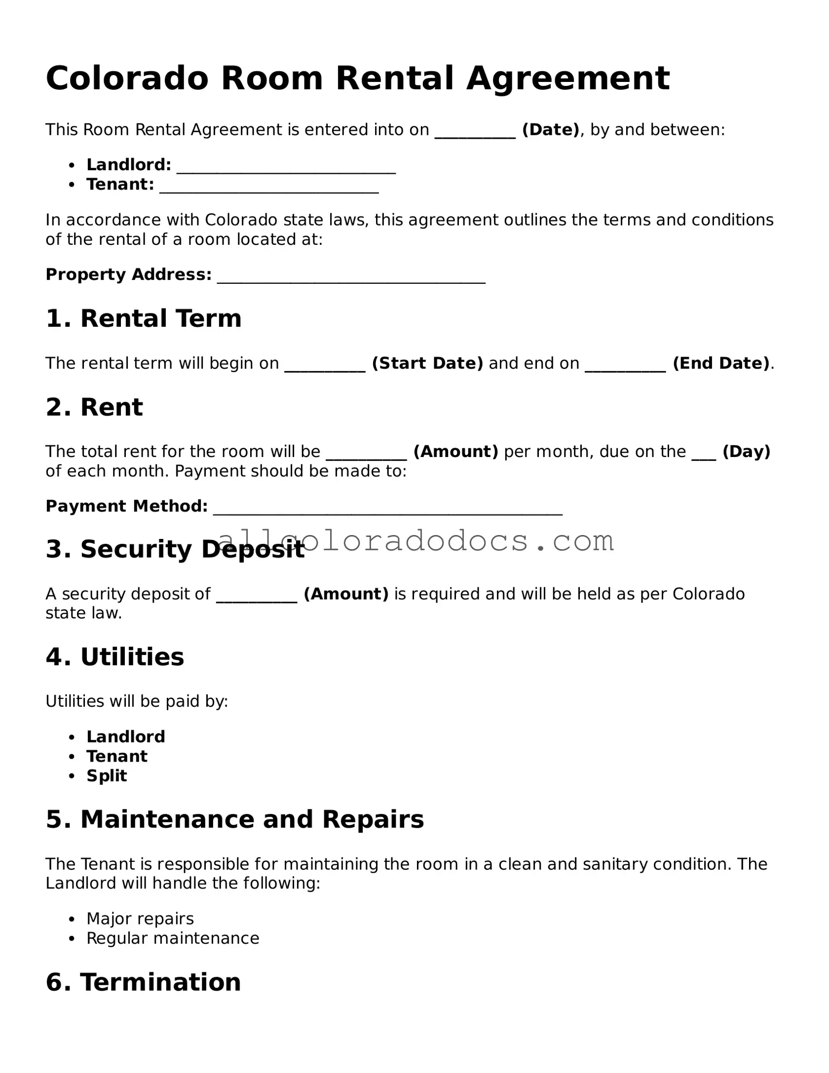 Legal  Room Rental Agreement Form for Colorado
